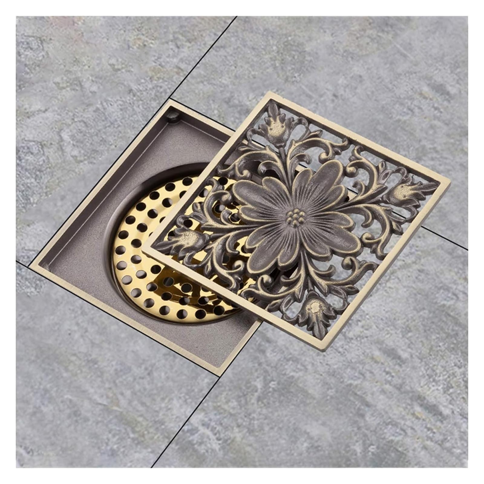 Bodenablauf aus Edelstahl, Messing-Duschablauf, Bronze, 10,2 cm, quadratisch, Blumenmuster, abnehmbare Abdeckung, Deodorant-Kern