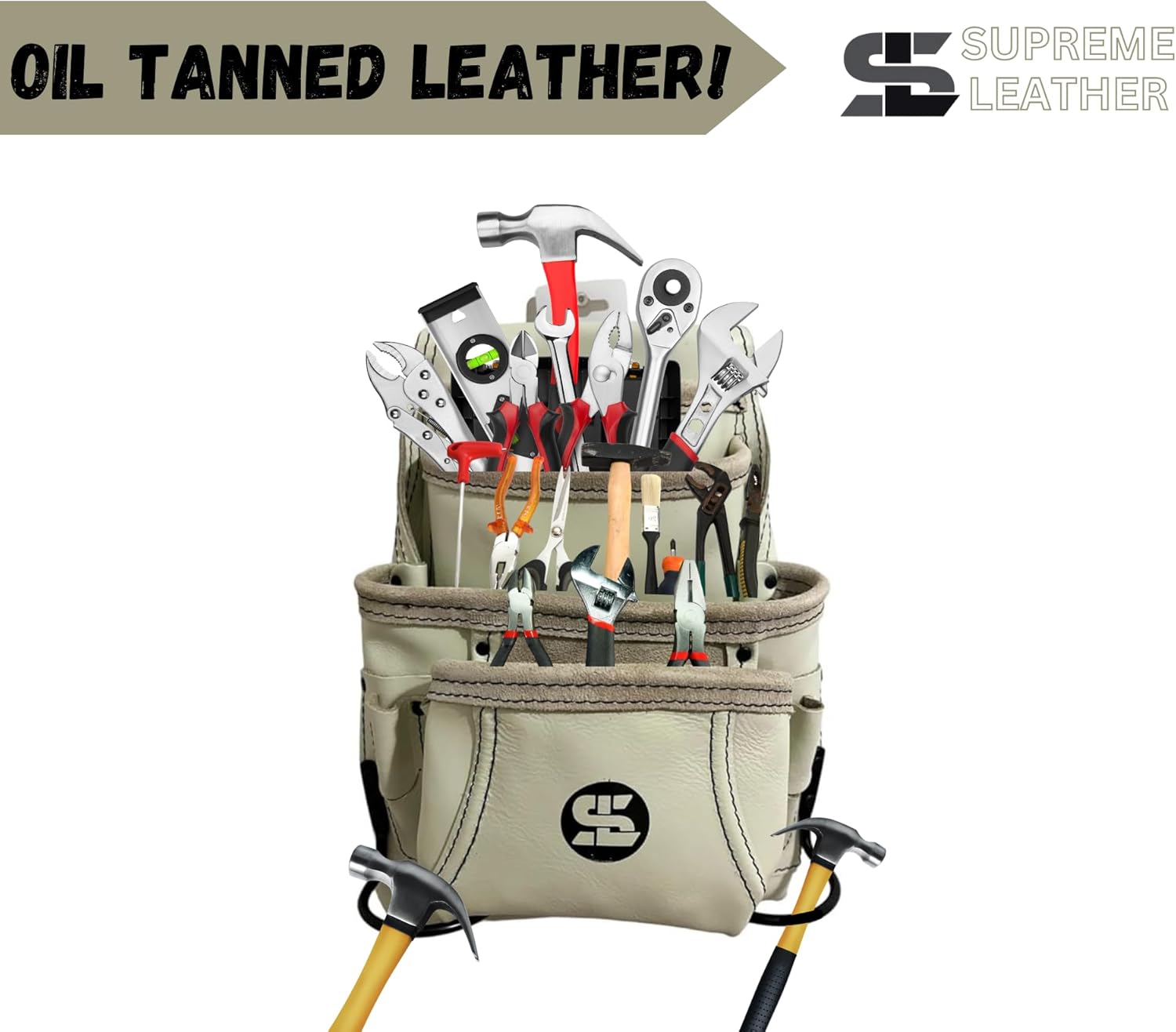 Supreme Leather 10 Pocket Tool Pouch for Construction, Carpenters, Electricians, Drywall & Framing Work Professionals | 2 Sided Hammer Holder & Screw and Nail Bags | ‎Cream | 100% Leather