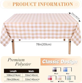 Kesfey Rectangle Gingham Tablecloth Plaid 55x78in Polyester Checkered Tablecloths Gingham Fabric Wipeable Table Cloth Wipe Clean Wrinkle Free Table Cover for Dining (Light Coffee)