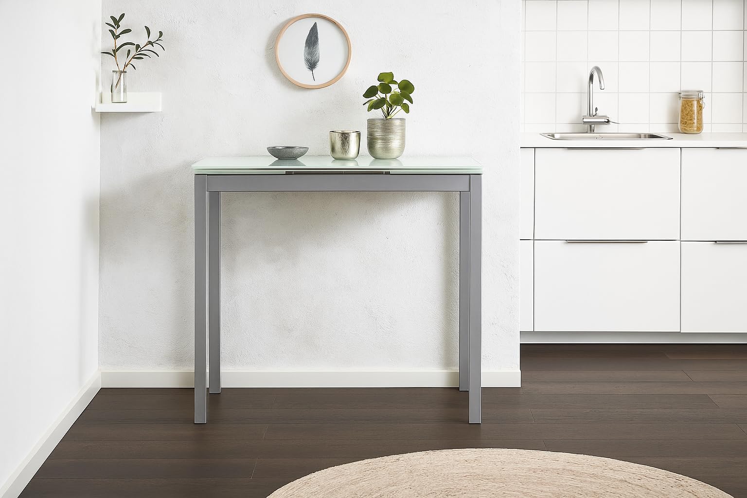 MOMMA HOME Mesa Cocina Cristal Extensible - Mesa Comedor, Mesa Plegable, Color Blanco/Plata, Novi, Vidrio Templado/Metal, Medidas 85/130x40x76 cm