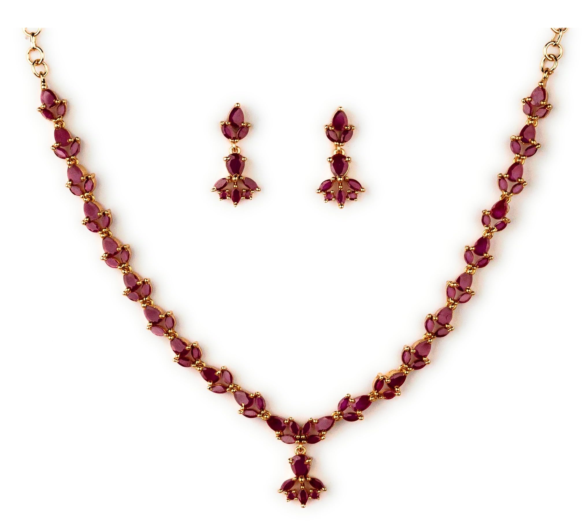 Micro Gold Plated Radient AD Ruby American Diamond Jewellery Necklace Set with Earrings for Women and Girls-image-15