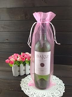 50pcs Organza Wine Bottle Cover Wrap Gift Bags Christmas/Wedding Plain Organza Pouch (Pink)
