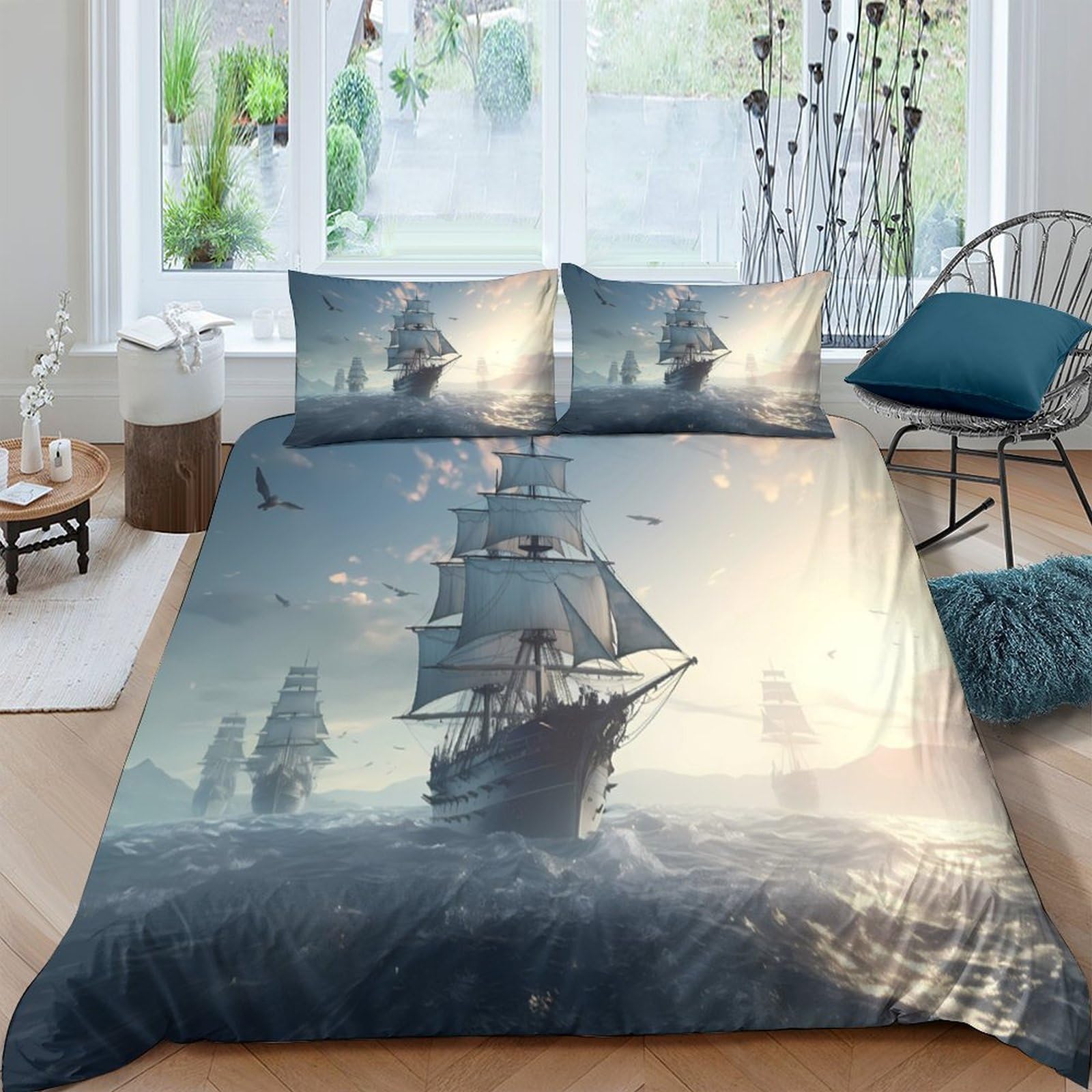 Ctjqhvkz Style-9 3D Printed Sailing Ship Fitted Sheet Microfiber Soft Nautical Ocean Mattress Cover For Bedroom Guest Room Decor Single（135X200cm）