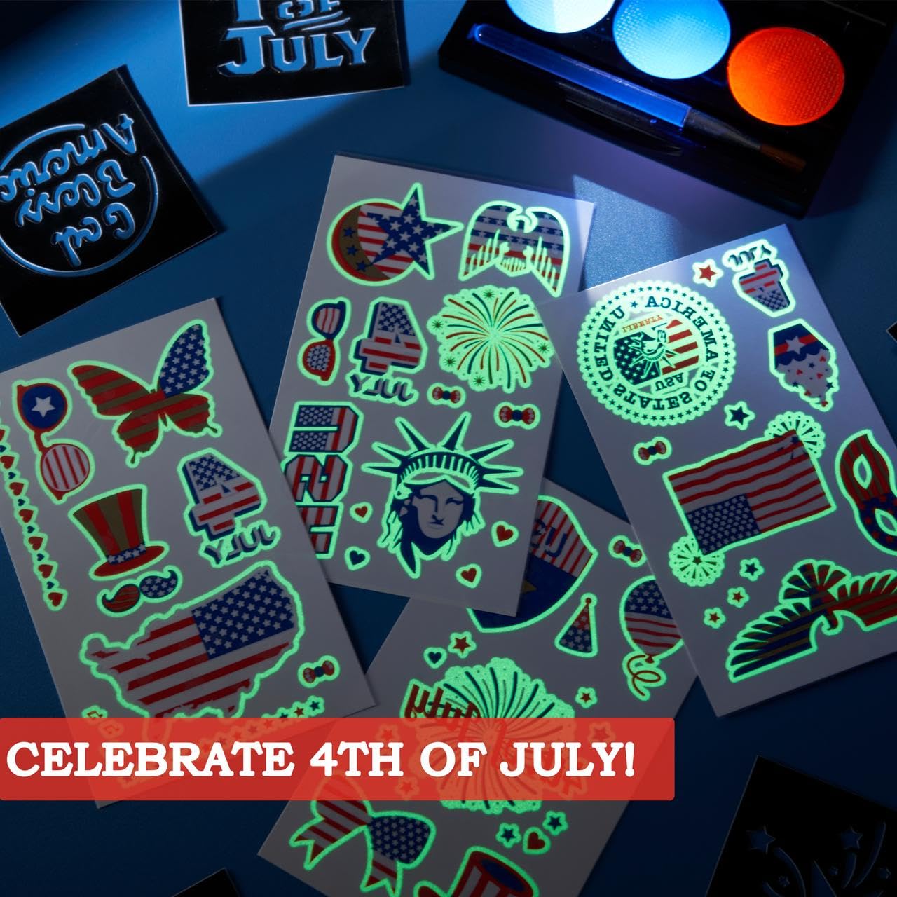 JOYIN 22PCS Red White Blue 4th of July Glowing Face Paint Set, Glow in the dark Patriotic Makeup with Stencils Sticker Temporary Tattoos for Independence Day, Memorial Day Party, Party Favors