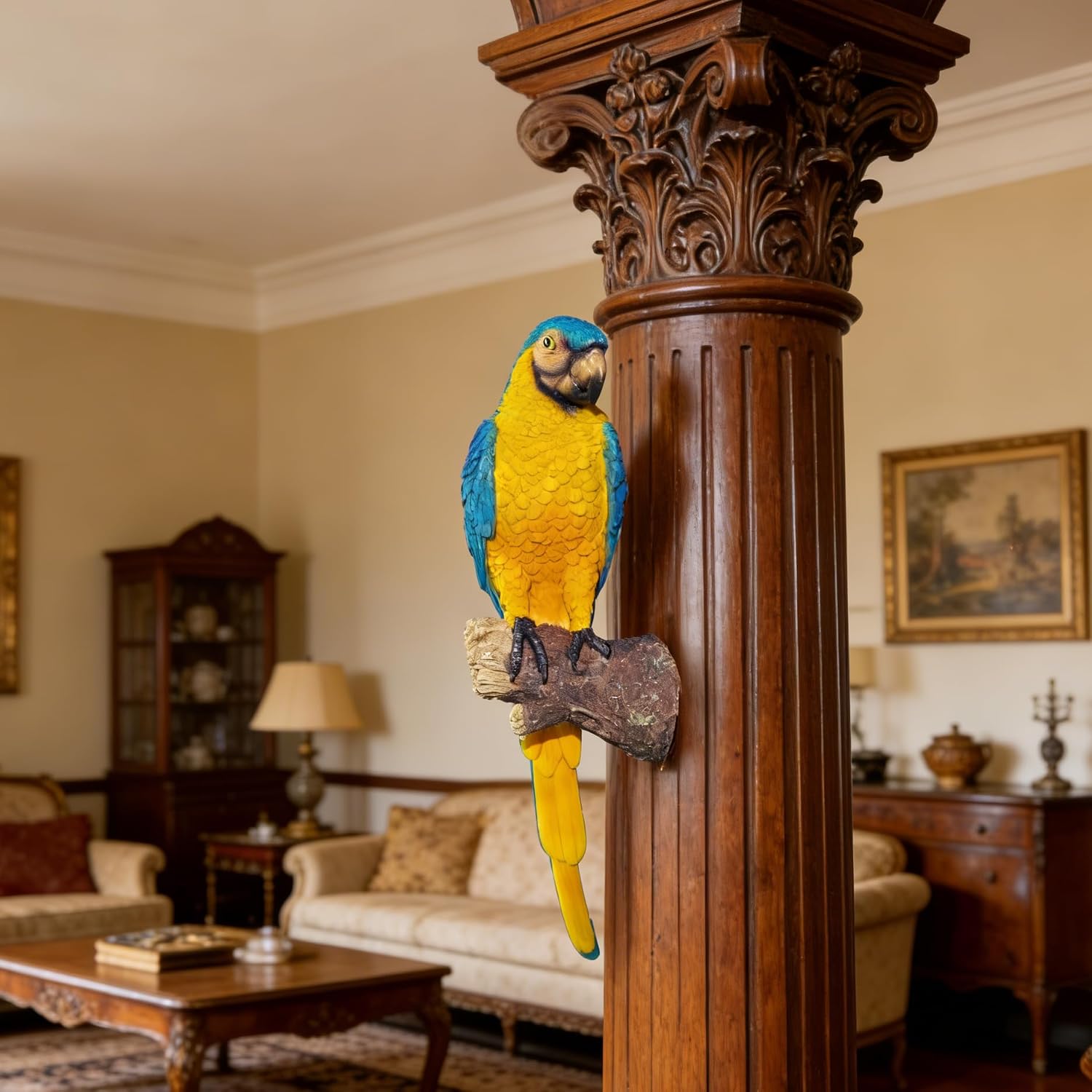 Tropical Parrot Statues Hanging Decor,13.6''(H) Wall Decor Parrot Sculpture for Home Porch Patio Door,Resin Macaw Statue Outdoor Garden Yard Tree Art Ornaments(Blue-and-Yellow)