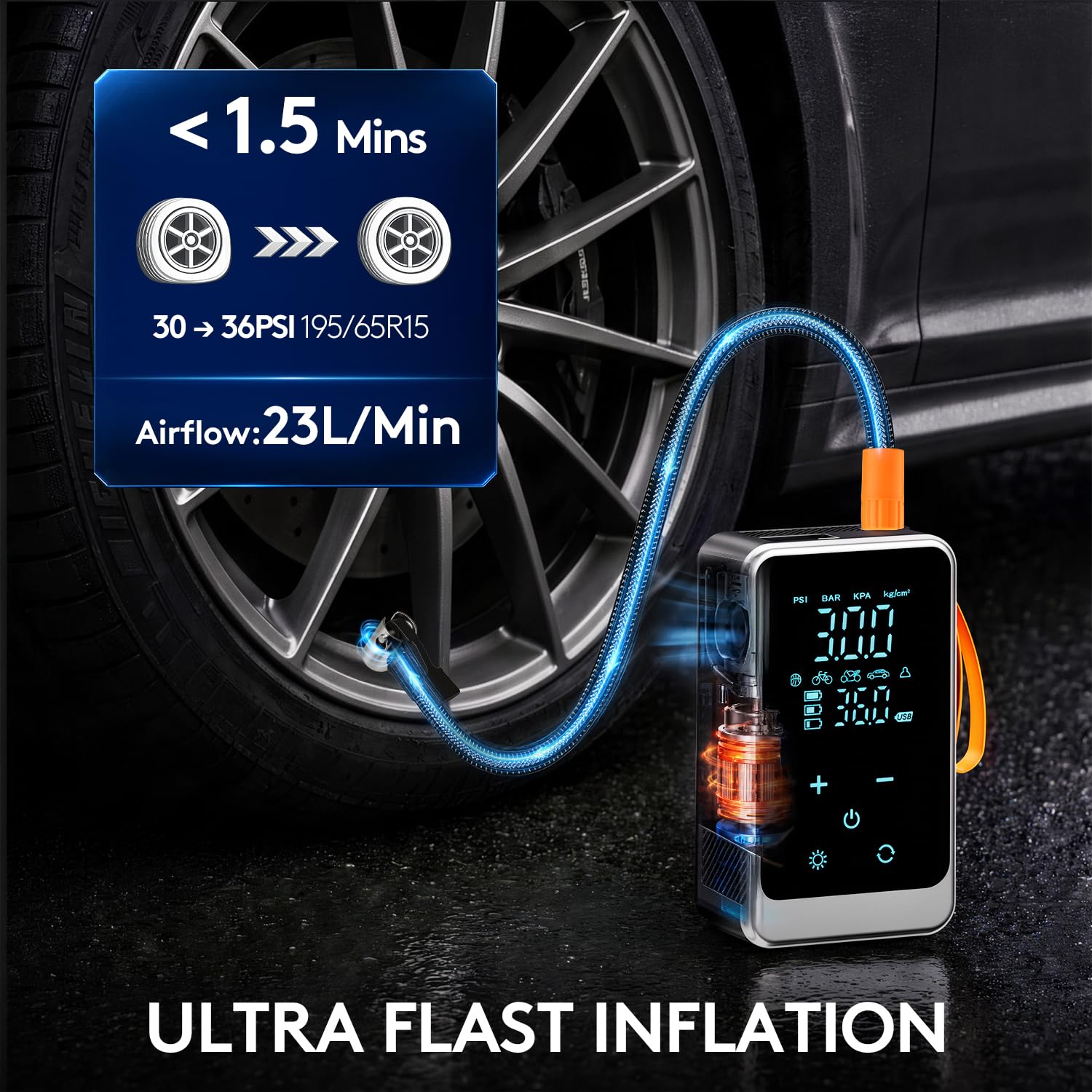Pruk Compressore d'aria portatile senza fili, 150 psi, pompa digitale per pneumatici con batteria da 6000 mAh, luce di emergenza a LED, spegnimento automatico, pompa ad aria per auto, moto, bici