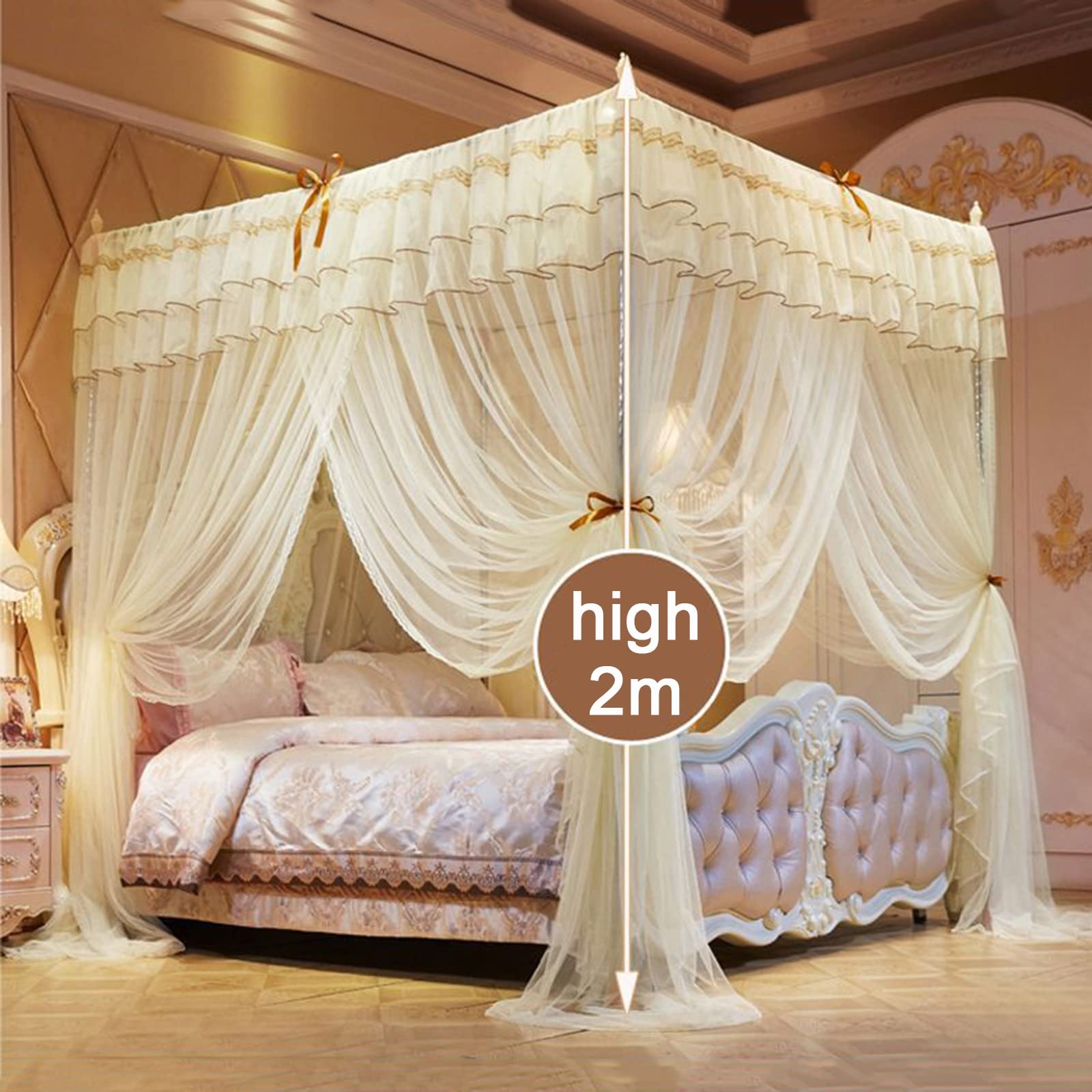 Zanzariera di lusso principessa baldacchino con supporto in acciaio inox, baldacchino con 4 pali angolari, 3 ingressi laterali per ragazze e adulti