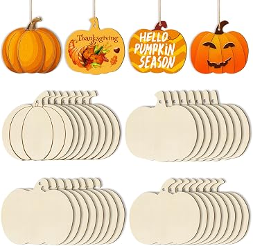 Wooden Pumpkins Ornaments to Paint Halloween Thanksgiving Decoration Cutouts Unfinished 36PCS 3.5 inches, DIY Blank Unfinished Pumpkin Ornament for Home Harvest Crafts Hanging Autumn Decor4 Style