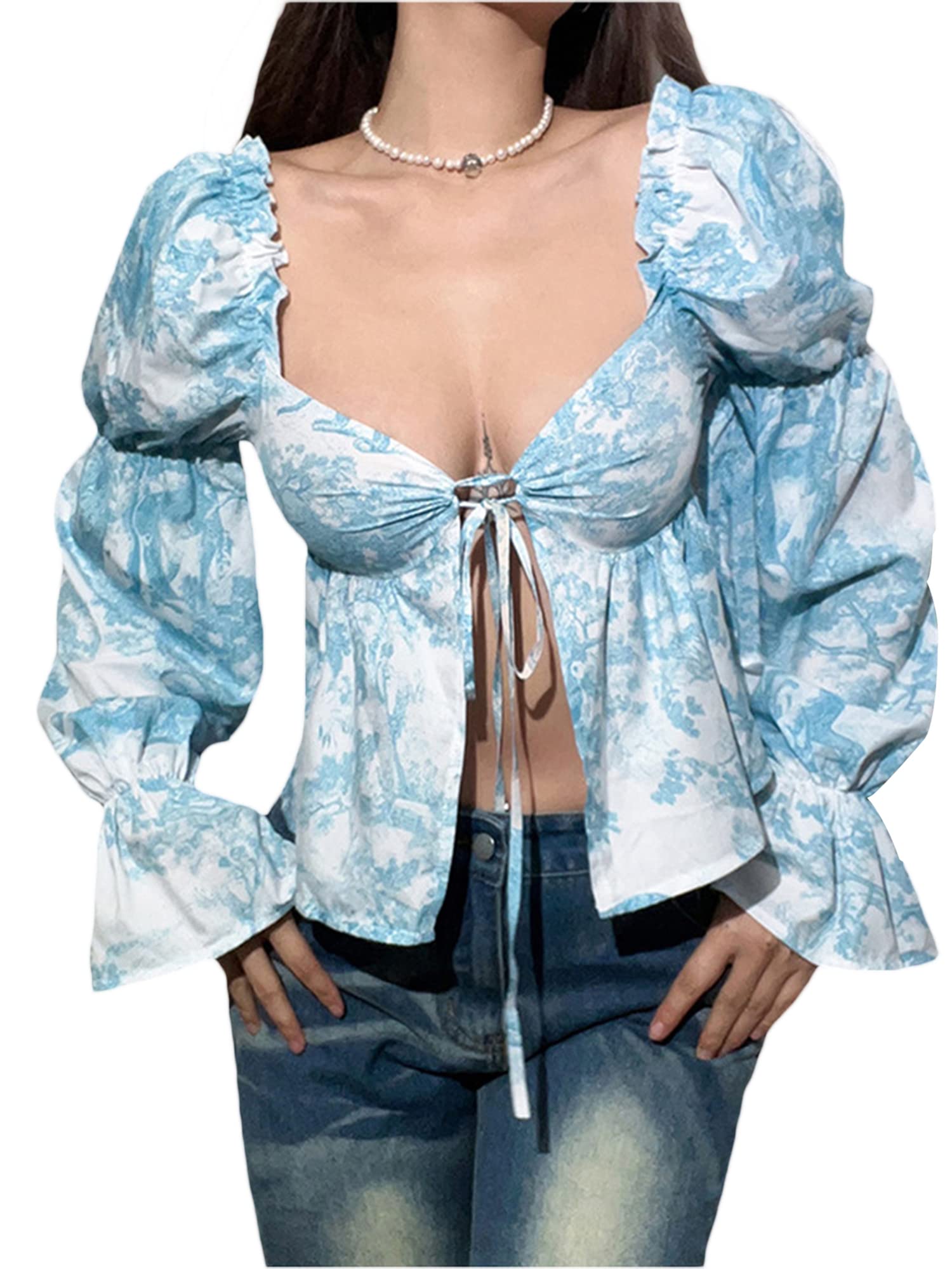 AchlibeWomen Tie-UpCrop Tops Long Lantern Sleeve Print Low-CutHigh Split Short Top Ruffles Slim Navel Shirt