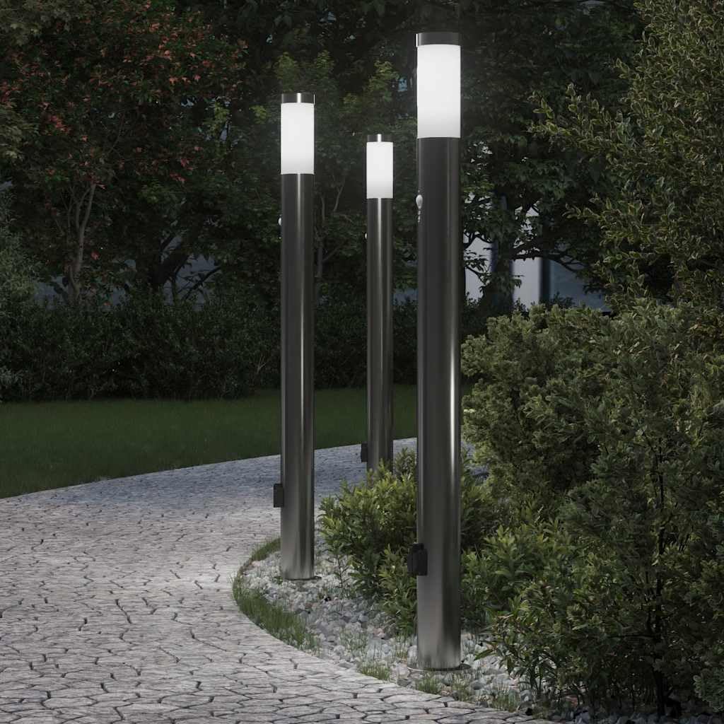 Pollerleuchten aus Edelstahl 110 cm mit PIR-Bewegungssensor, integrierter Steckdose, IP44 Schutz, 3er Set für Garten, Terrasse, Außenbeleuchtung und energiesparende Lichtlösung