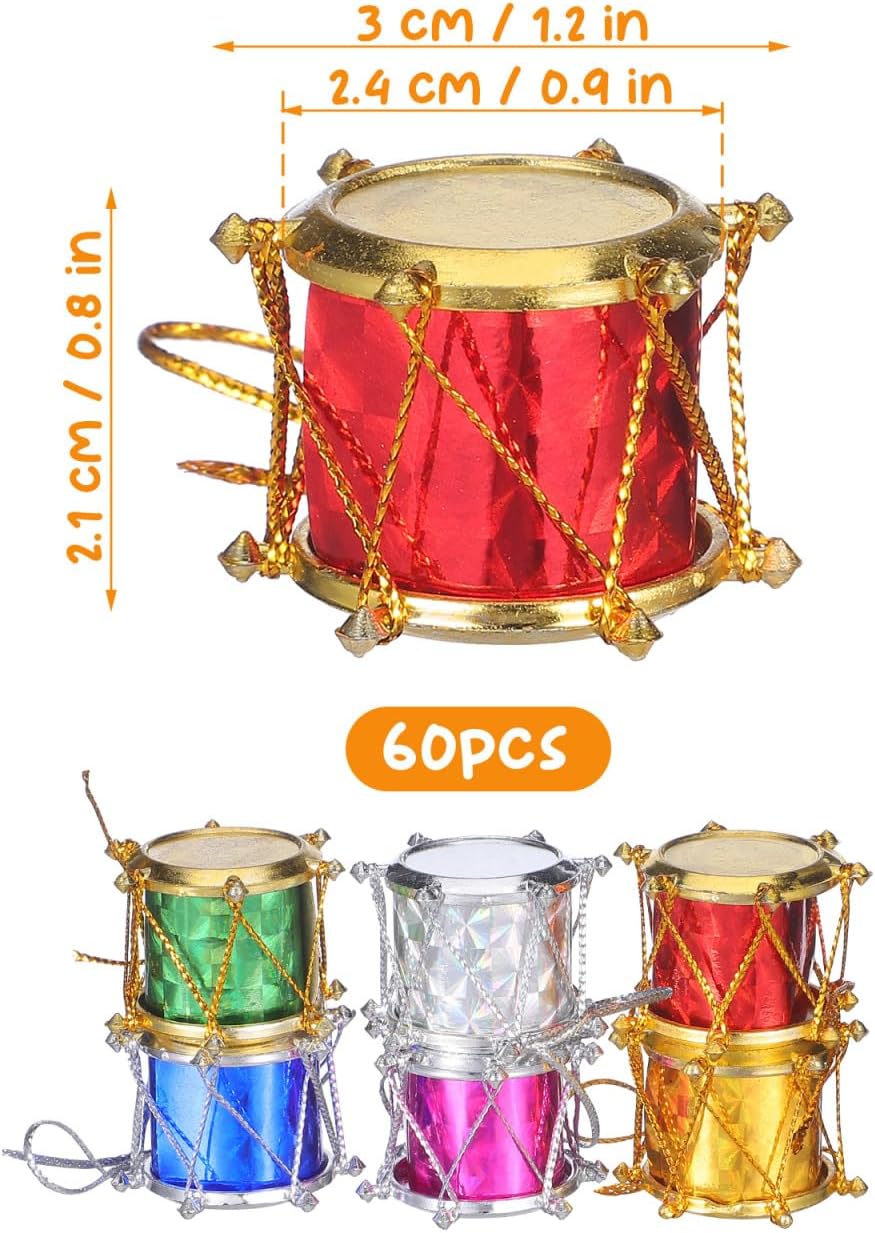 VOSAREA 60pcs Mini Drum Hanging Pendants Christmas Glitter Drums Ornaments Xmas Tree Holiday Musical Instrument Hanging Decoration for Holiday Wedding Party Decor (Assorted Color)