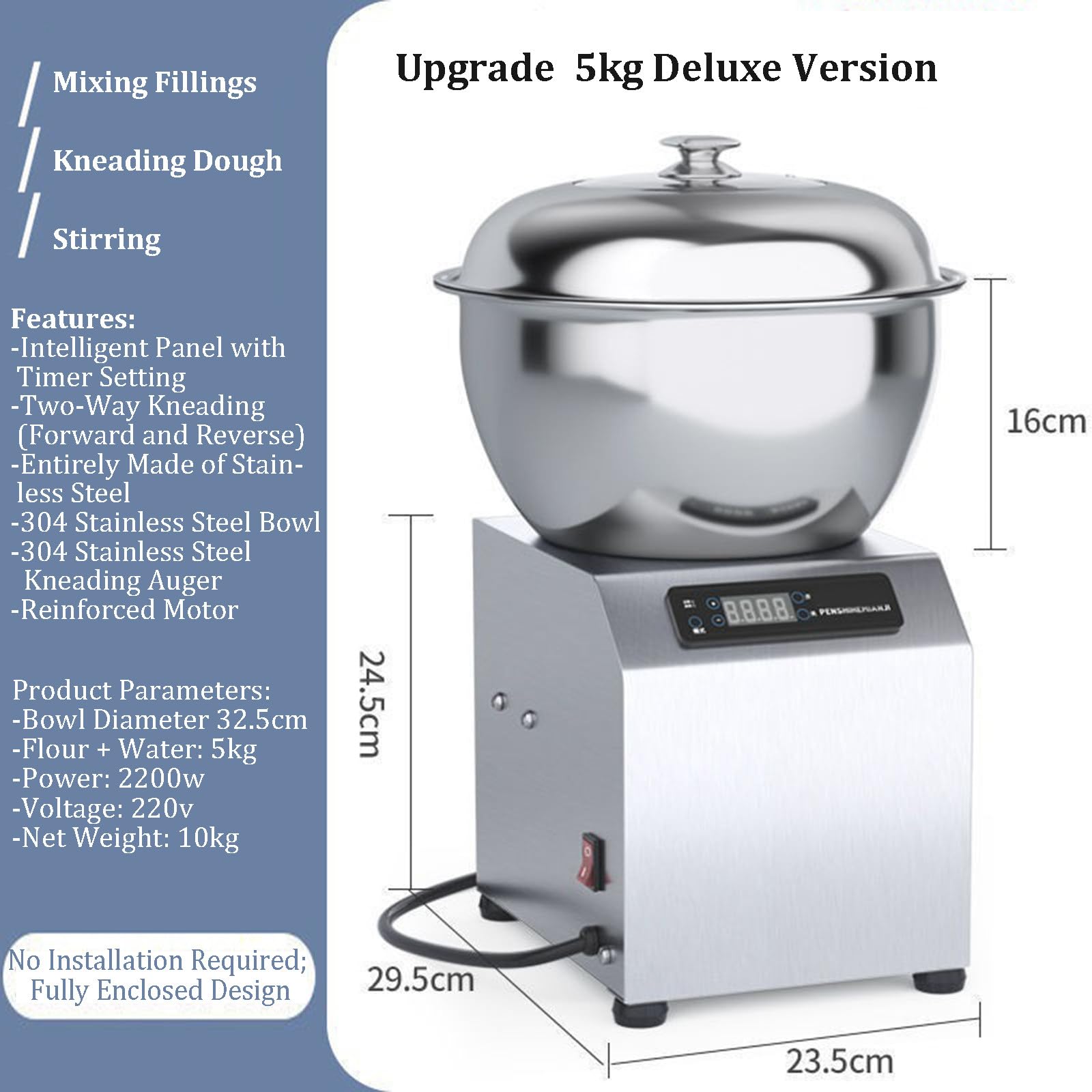 Impastatrice Elettrica Commerciale Da 5 Kg/8 Kg, Impastatrice a Spirale Elettrica Da 2200 W Con Ciotola, Coperchio E Timer Da 30 Minuti, In Acciaio Inox per Panetteria, Pizzeria E Ristorante 5kg