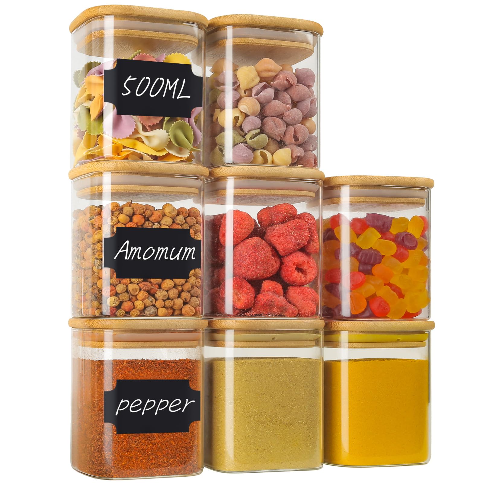 Withosent 8x 500 ml Zestaw szklanych słoików do przechowywania, słoiki na przyprawy kuchenne, kwadratowe drewniane pokrywki, słoiki do przechowywania z możliwością układania w stosy, pojemniki szklane