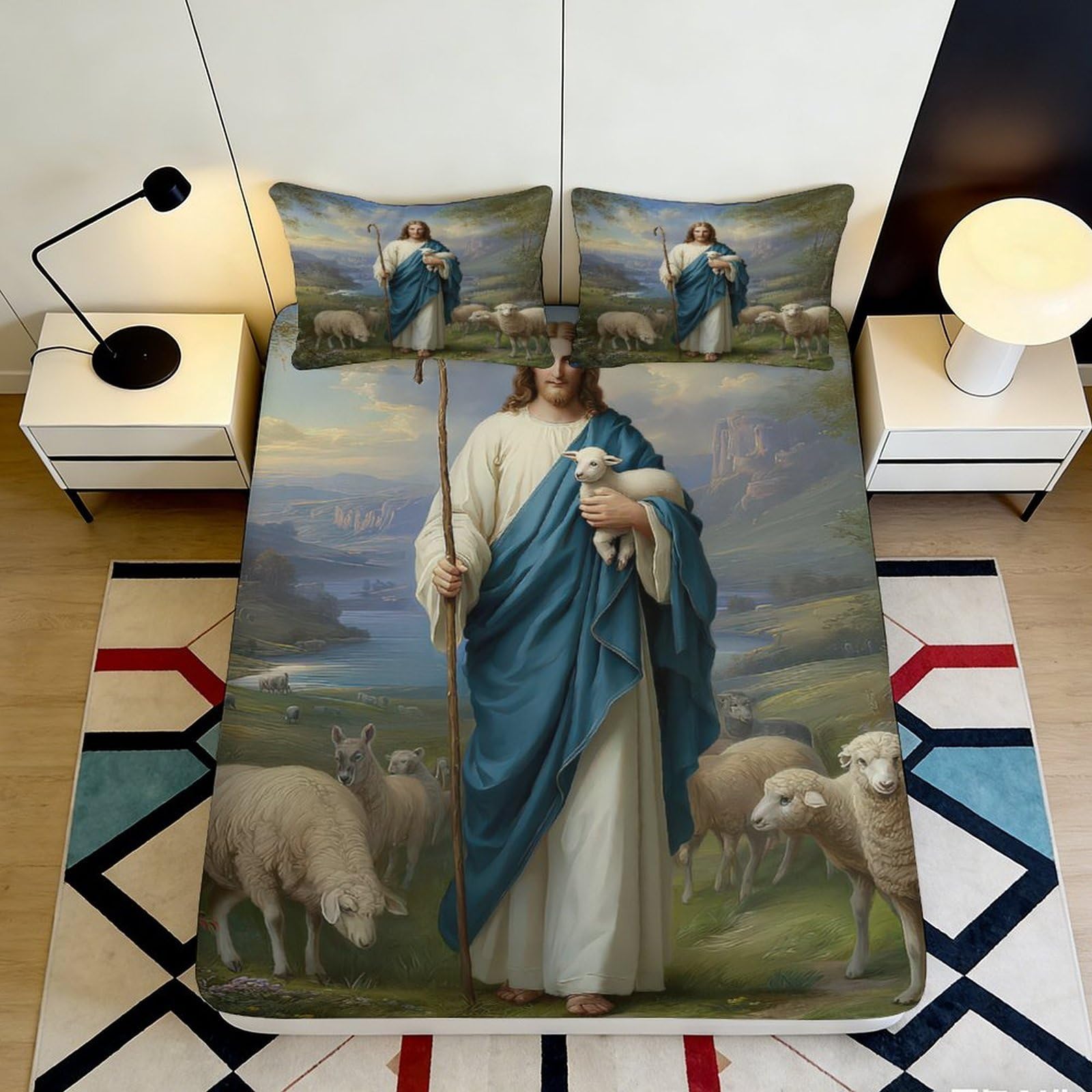3D Printed Jesus Shepherd Pattern Fitted Sheet Microfiber Soft Breathable Religious Bed Cover for Bedroom Dormitory Guest Room Mattress Protection 120x200x25cm