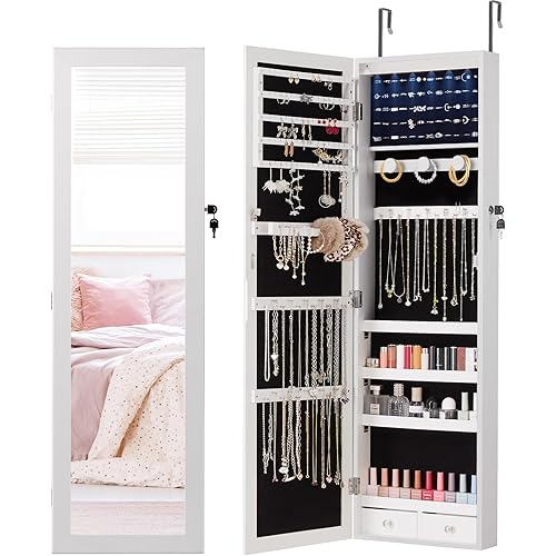 DUMOS 6 LEDs Mirror Jewelry Cabinet, Wall or Door Mounted Jewelry Organizer, 47.2-Inch Tall Lockable Large Capacity Cosmetic Storage, Gift Idea