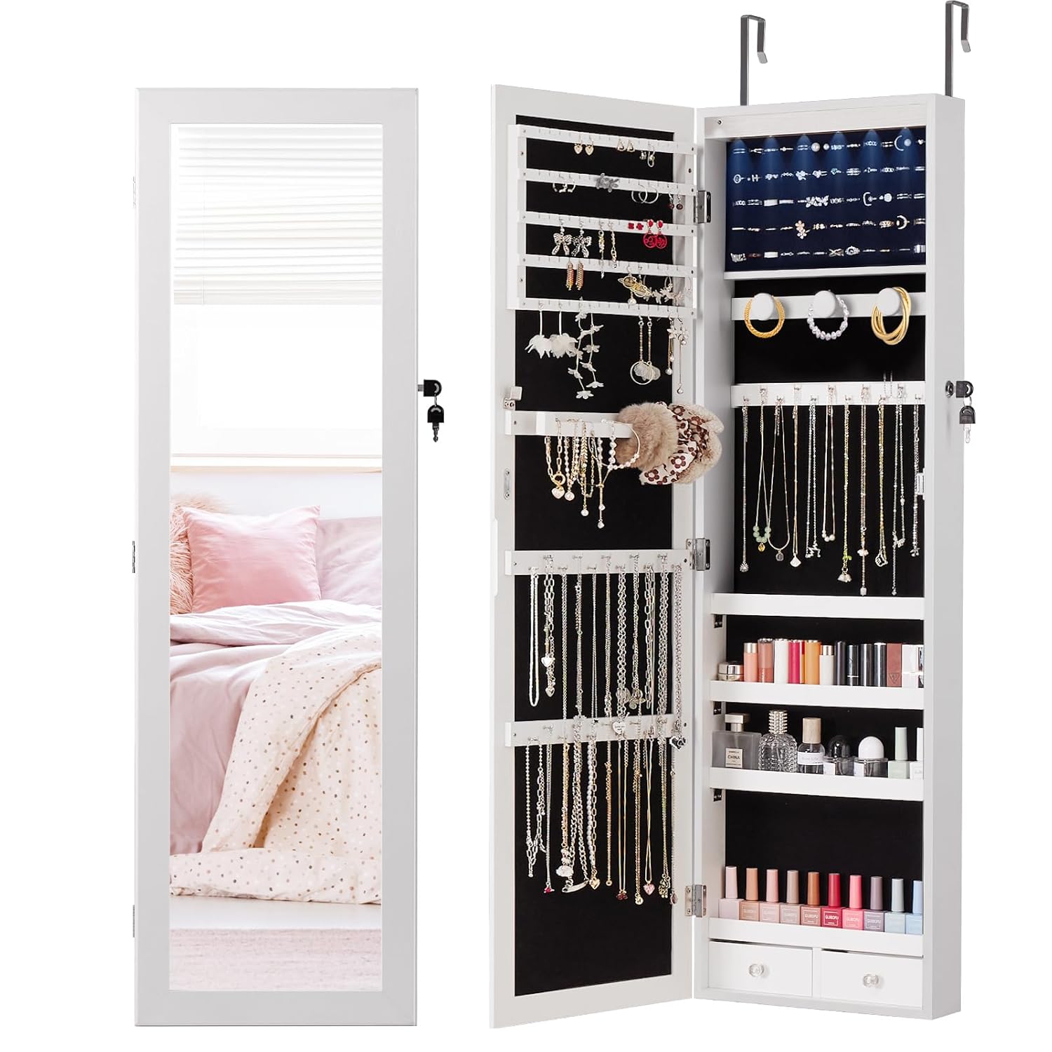 DUMOS 6 LEDs Mirror Jewelry Cabinet Wall or Door Mounted Jewelry Organizer 47 2-Inch Tall Lockable Large Capacity