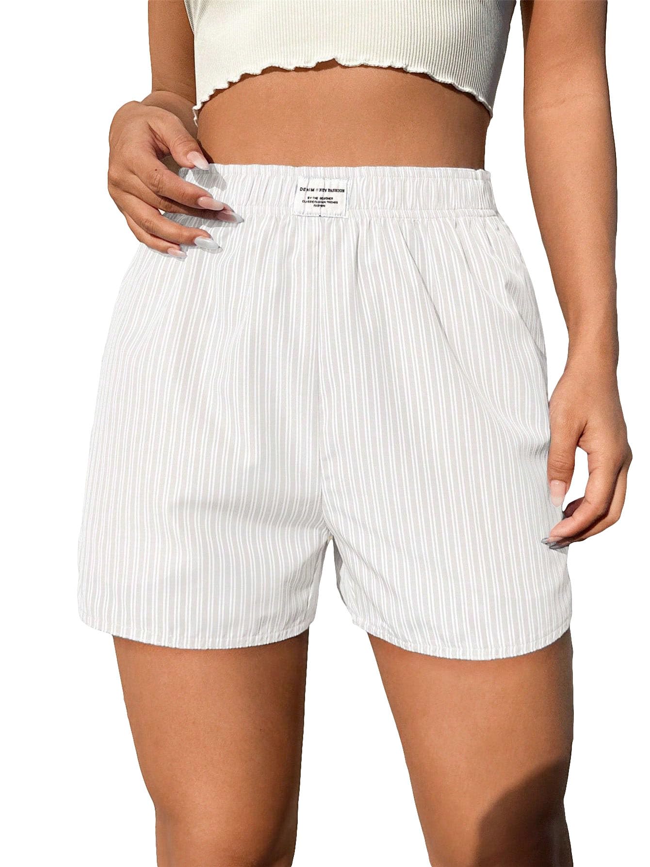 OYOANGLE Women's Summer Casual Striped Print Elastic Waist Mid Rise Straight Leg Shorts