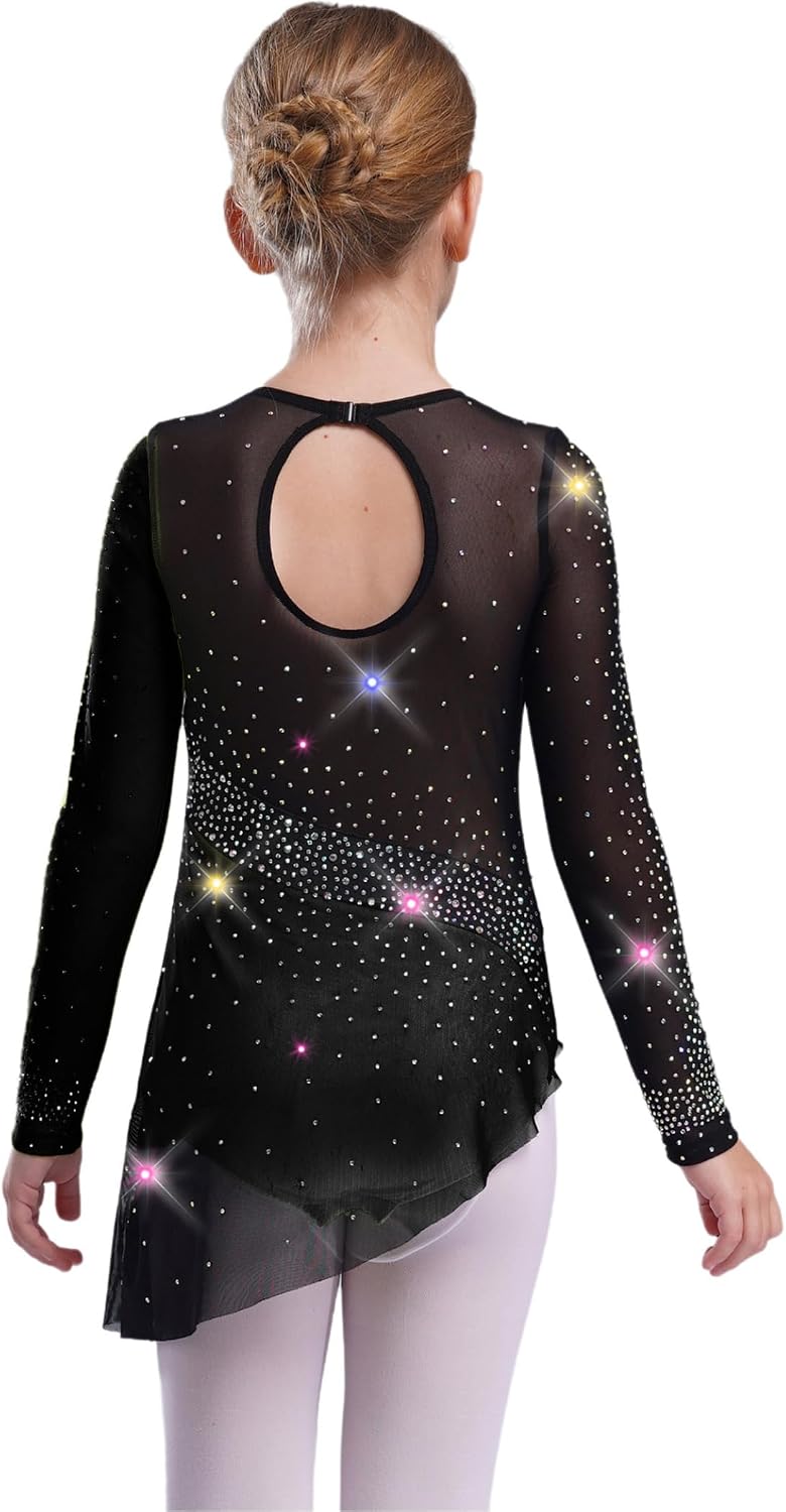 Kids Girls Figure Ice Skating Dress Asymmetrical Skirted Leotard Shiny Long Sleeve Ballet Dance Outfit