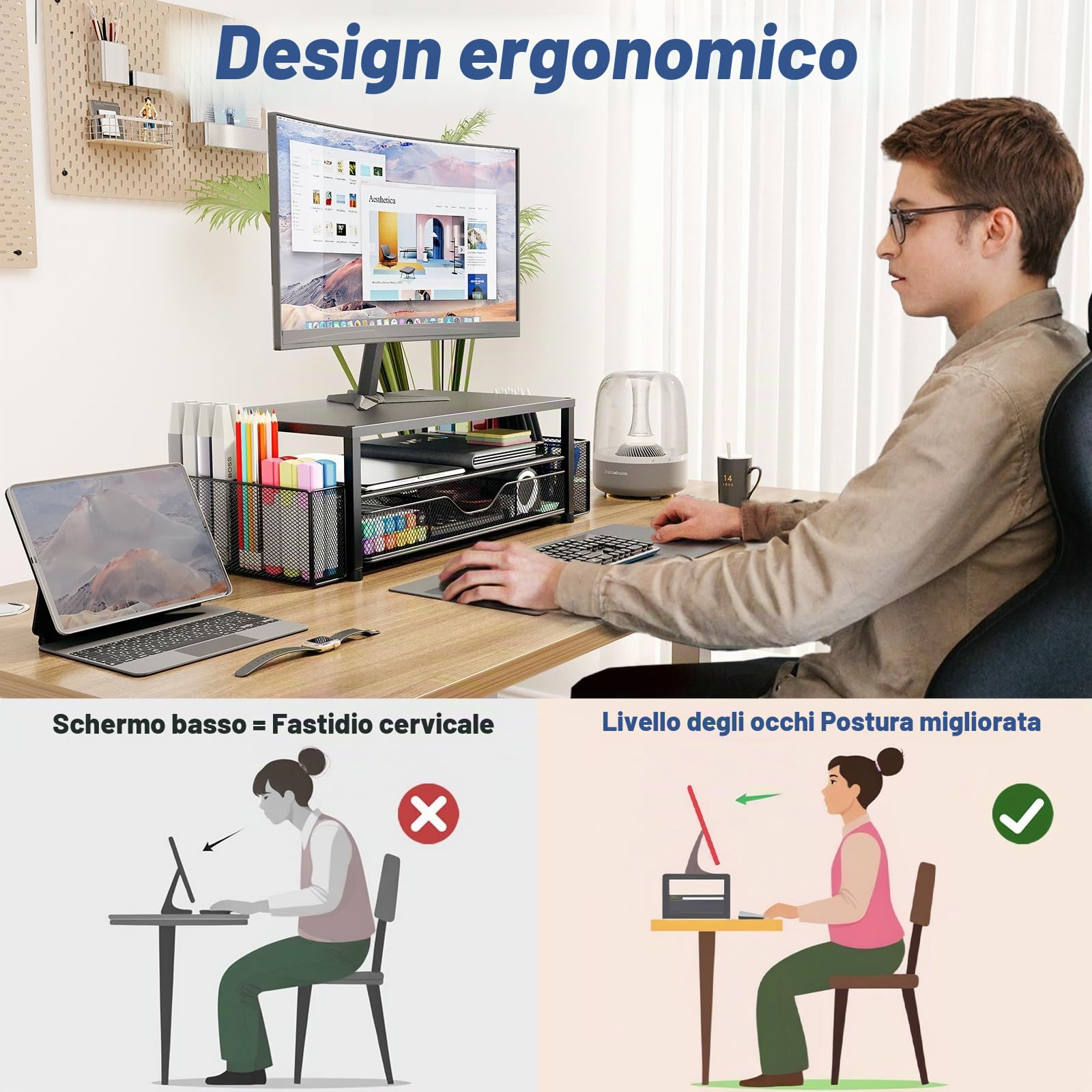 OPNICE Supporto per monitor a 2 livelli con cassetto e 2 portapenne, supporto per laptop, accessori da scrivania per ufficio, nero