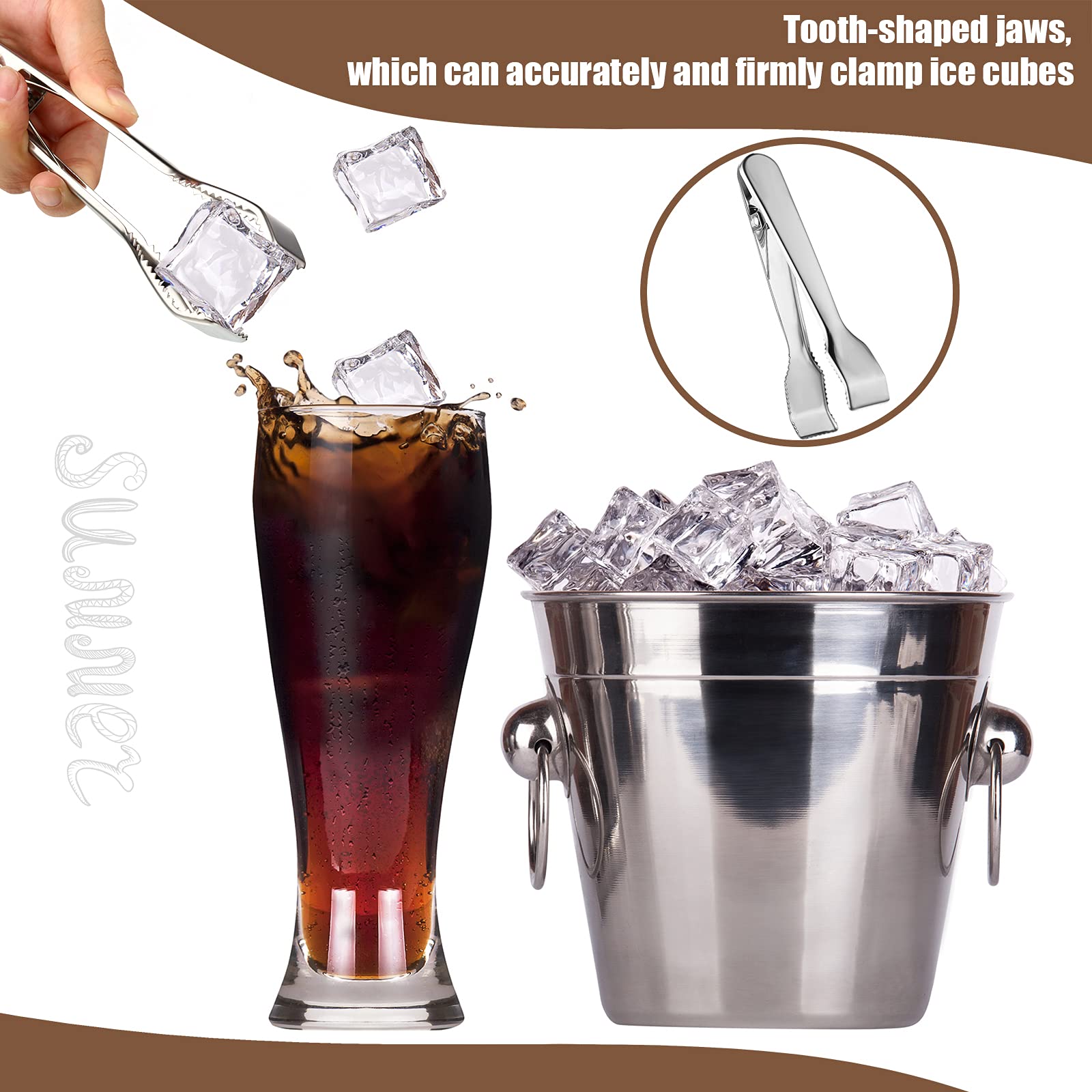 4 pinzas y cucharas plateadas para cubo de hielo, de acero inoxidable, versátiles pinzas para servir con dientes, pala para congelador, cocina, bufé, cóctel, fiesta de té, bar, boda, barbacoa 6