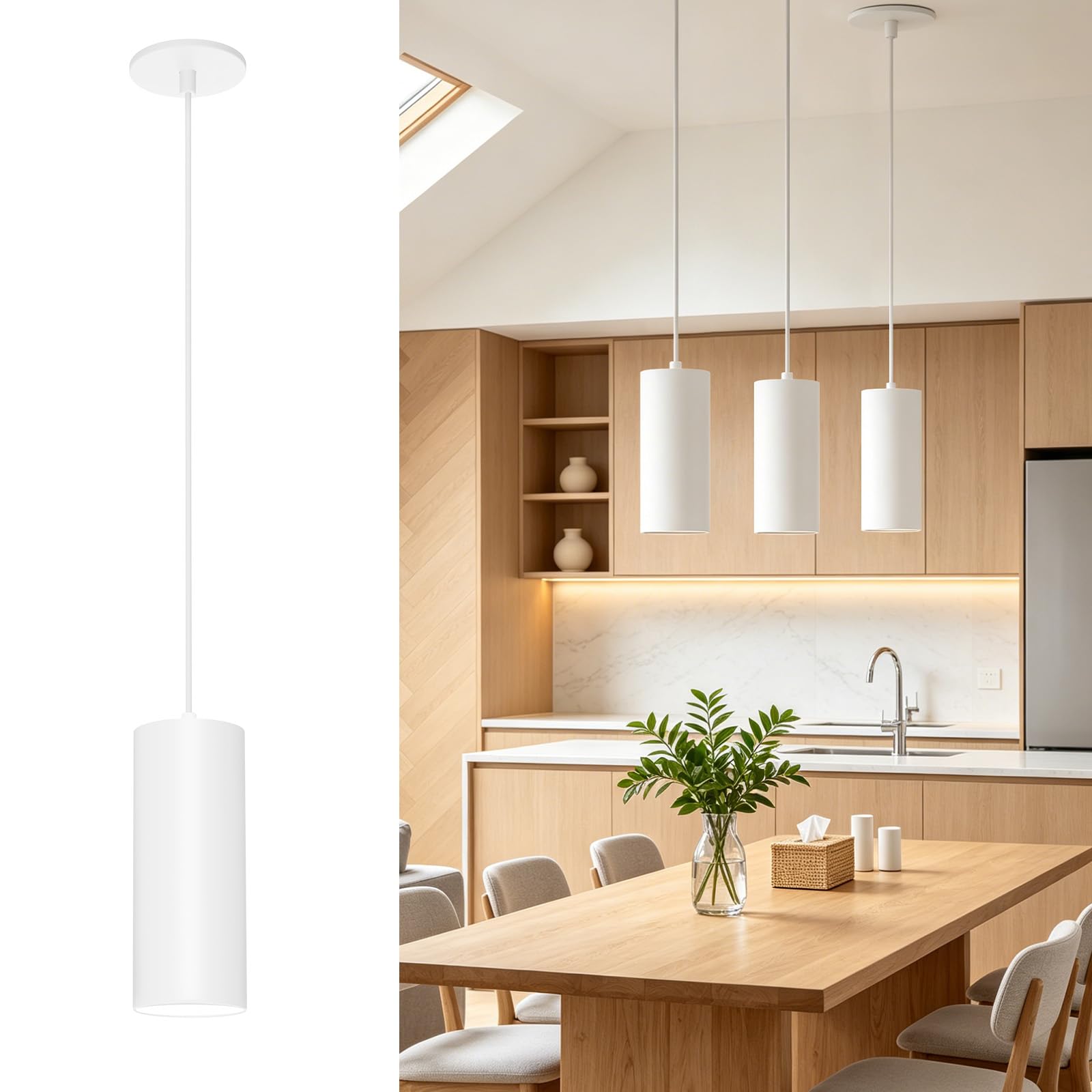 3.43" pendant lights kitchen island, 25w cylinder hanging lights with dipswitch, modern eye care led pendant lamp fixtures for bedroom, living room, office (white, 3.43 inch 1 pcs)