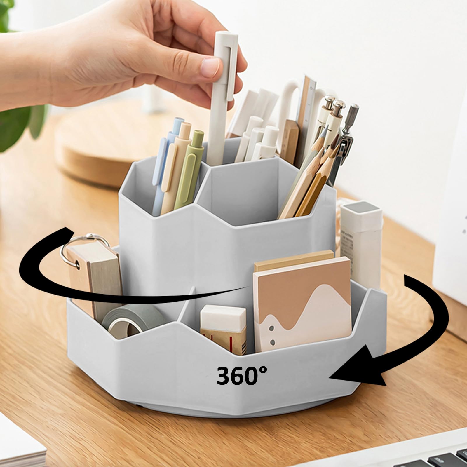 GGIANTGO 360 Degree Rotating Desk Organizer, 9 Slots Pencil Pen Holder for Desk, Cute Pencil Cup Pot for Office School Home & Art Supplies, Desk Accessories Pen Organizers Stationery Supplies(Grey)