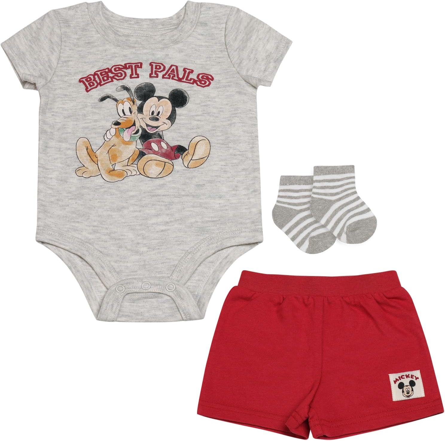 Magic Threadz Clothes Disney Baby Boys 3-Piece Short Set – Mickey, Pooh, Dumbo & Stitch Bodysuit, Shorts & Socks (0-9M)