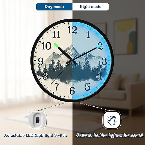 Miniatura 4 de JUNZAN Luminous Voice-Activated Round Wall Clock 12 Inch Vintage Design Mountain Simple Battery Operated Silent Non-Ticking Wallclock for Office