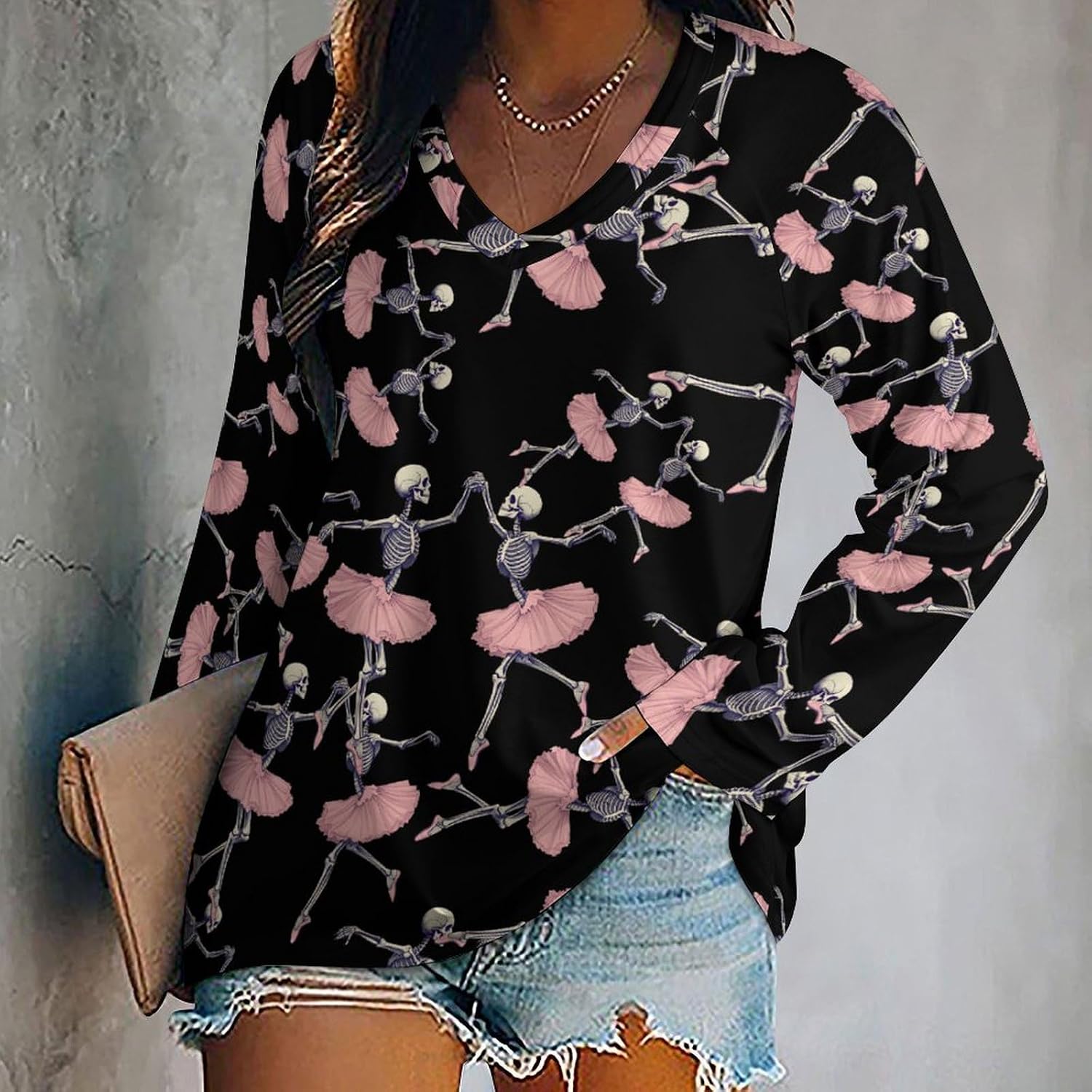 Skull Skeleton Ballet Dancing Long Sleeve Shirts Loose T Shirts V-neck Tees Tops Casual Sweatshirt for Women