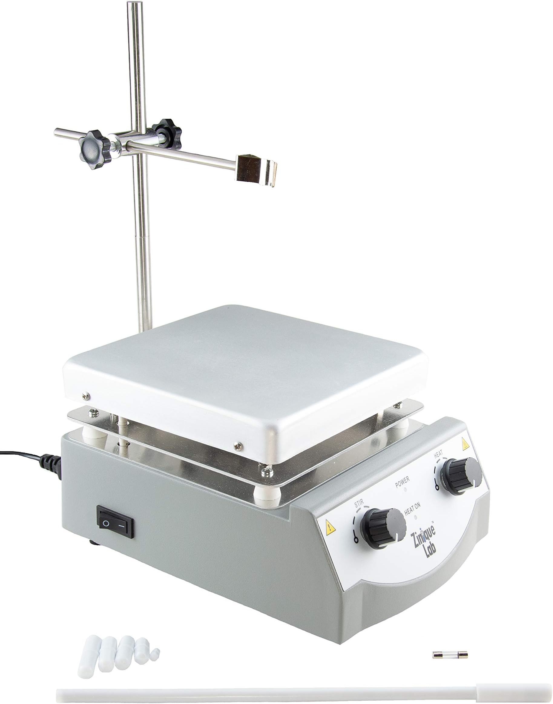 Hot Plate Magnetic Stirrer, 5 Stir Bars & Retriever Tool Included, 17cm x 17cm Plate (6.5in x 6.5in), 49ยฐC-360ยฐ C, 3,000mL, 100-1600rpm Stir Speed, 500W, 110v Plug, 1 Year Warranty