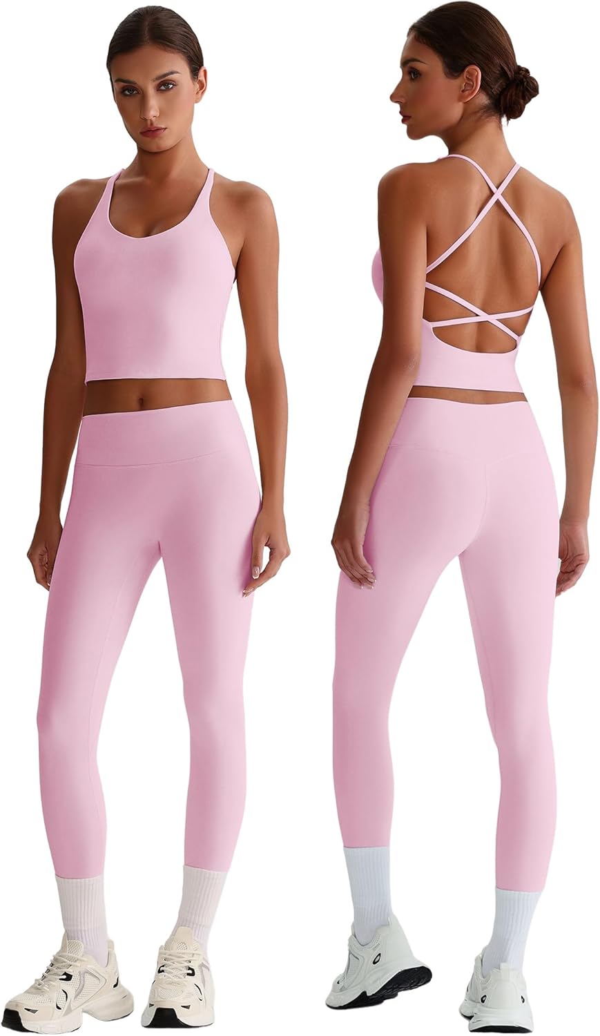 ABOCIW Workout Sets for Women 2 Piece Backless Strappy Padded Tank Tops High Waist Leggings Gym Yoga Pilates Outfits