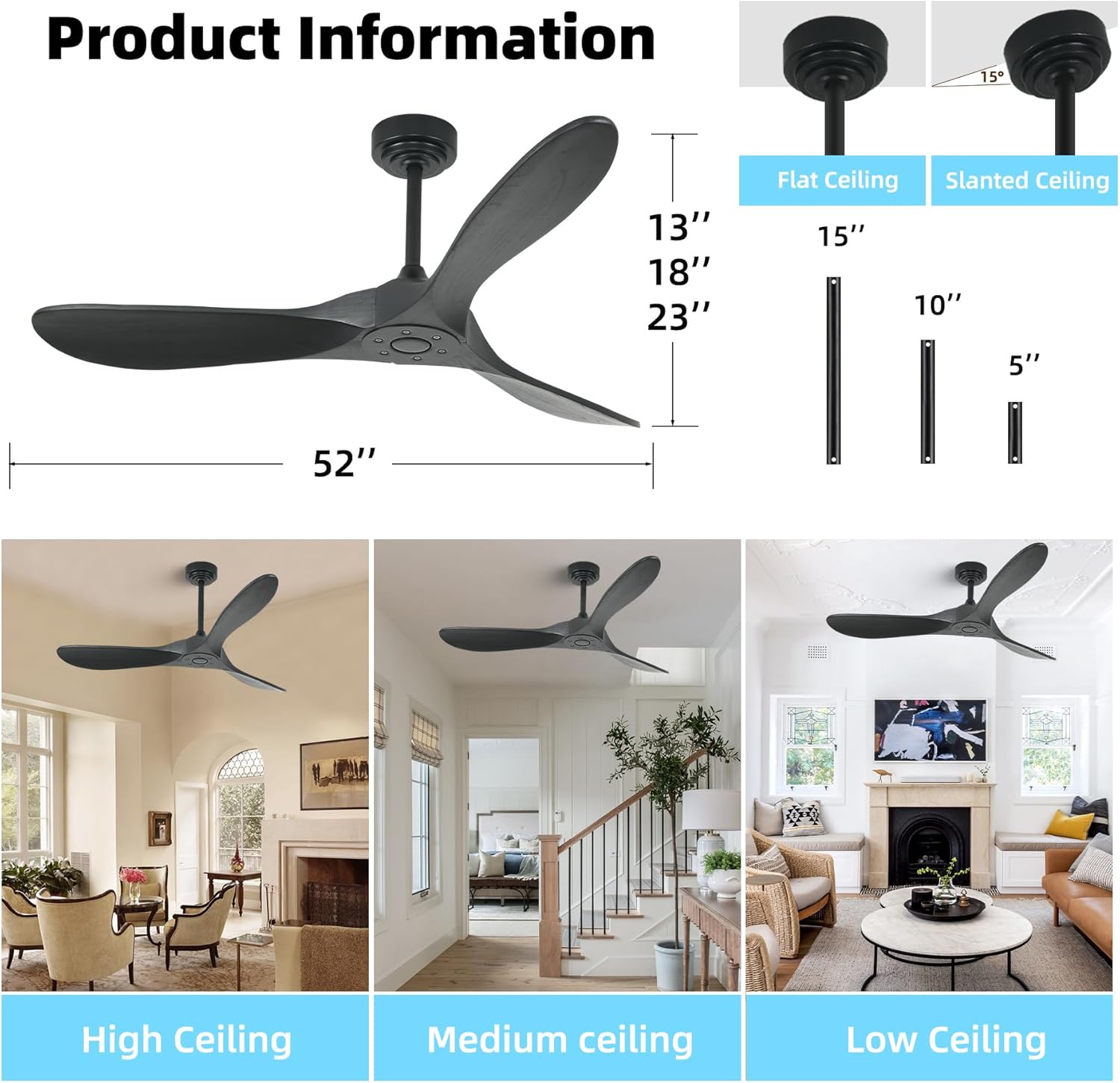 Smart Ceiling Fan no Light, 52 Inch Outdoor Ceiling Fan Without Light, Compatible with Alexa/Google/App, 3 Solid Wood Blades, Modern Wood Fan for Patio, Bedroom, Living Room, Black
