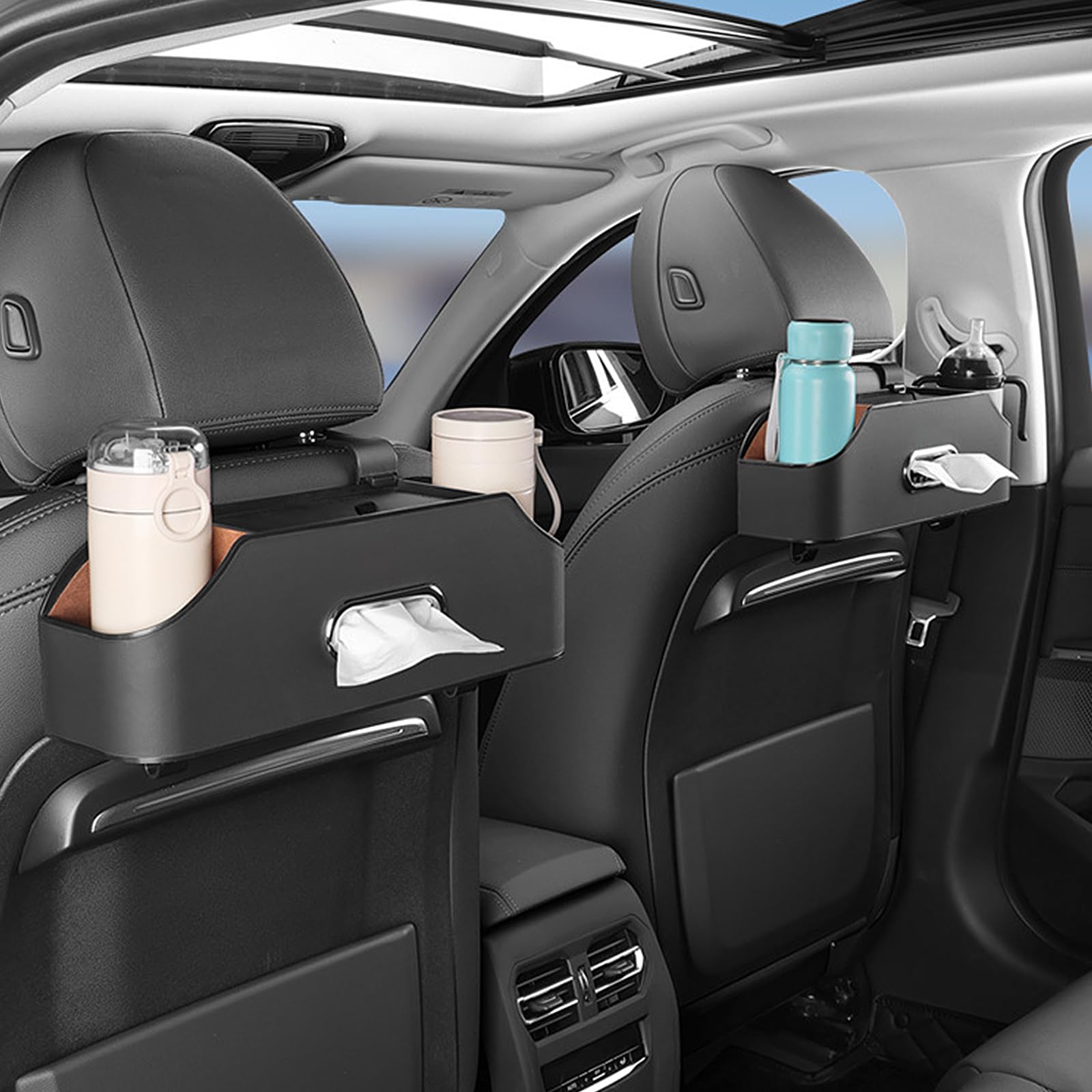 Scatola portaoggetti per sedile auto, contenitore per auto, con scatola in tessuto, porta bicchieri, multifunzione, decorazione interna, organizzatore multifunzione (nero)