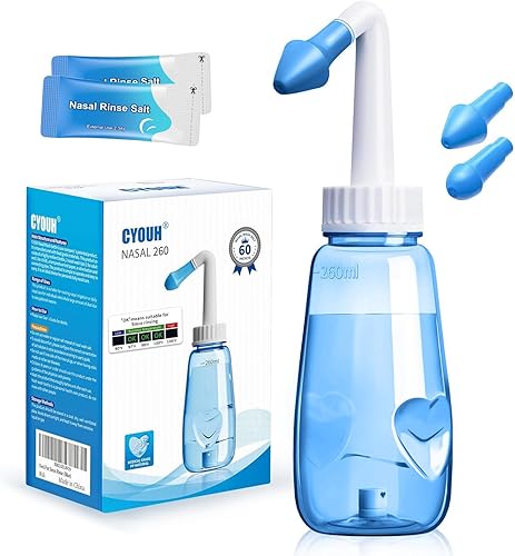Neti Pot - Botella de enjuague sinusal de 8.8 fl oz con 60 paquetes de sal de lavado nasal y adhesivo, termómetro, limpiador de lavado de nariz,