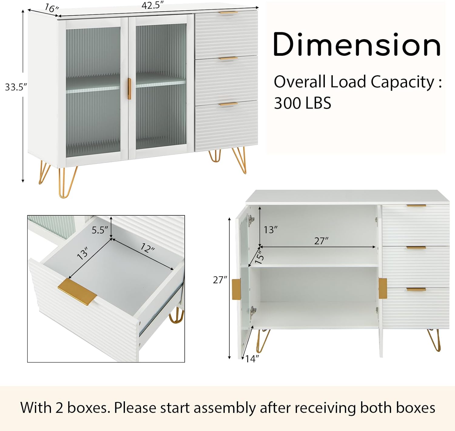Giantex Buffet Cabinet with Storage, Modern Sideboard with 2 Doors & 3 Drawers, Freestanding Kitchen Cupboard with Solid Metal Legs, Coffee Bar Cabinet with Storage for Living Room, White