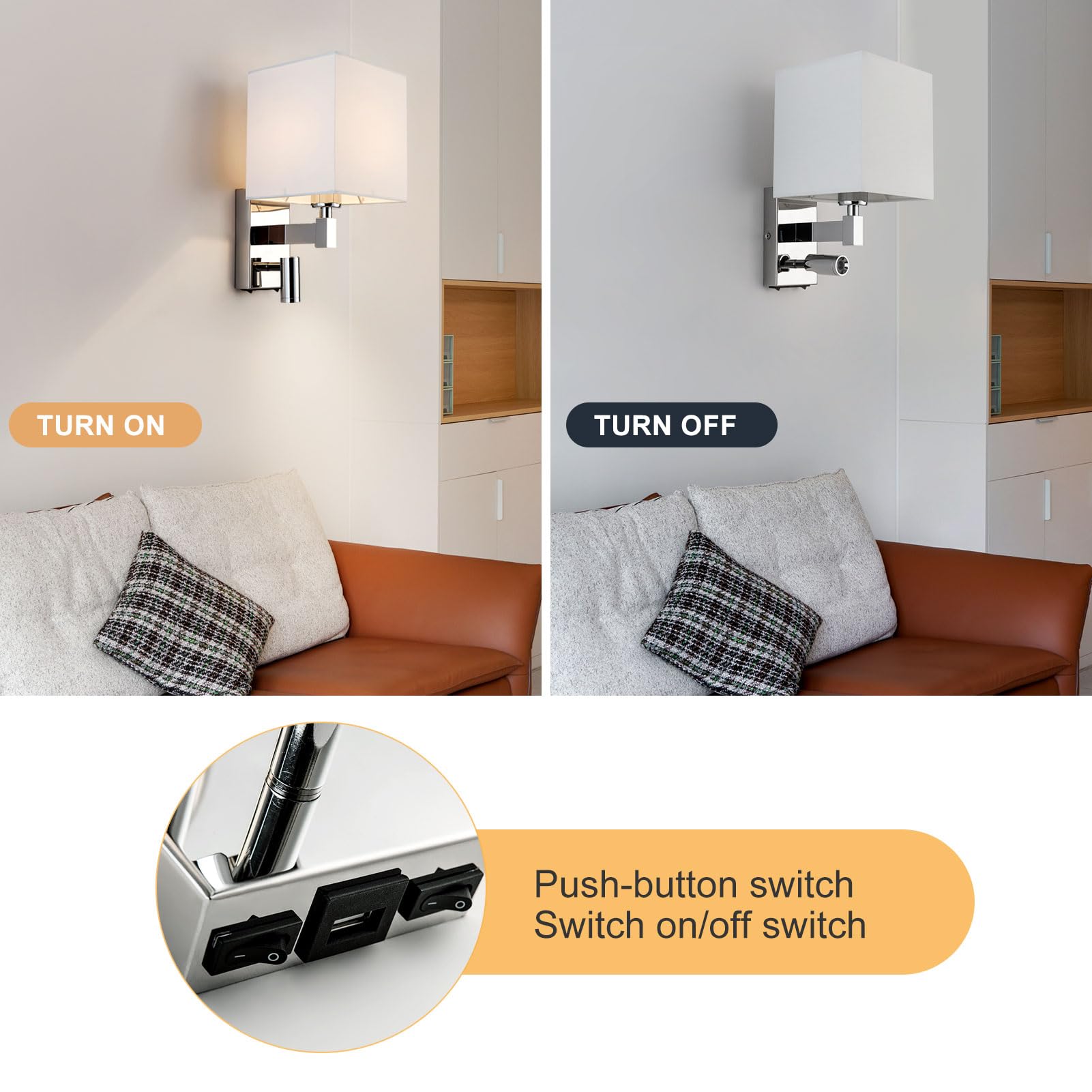 HARPER LIVING 1xE27/ES haut en bas Applique murale avec ajustable LED Liseuse, 1 USB port et 2 sur/de commutateurs, finition chrome poli, abat-jour en tissu blanc, (Ombre carrée)