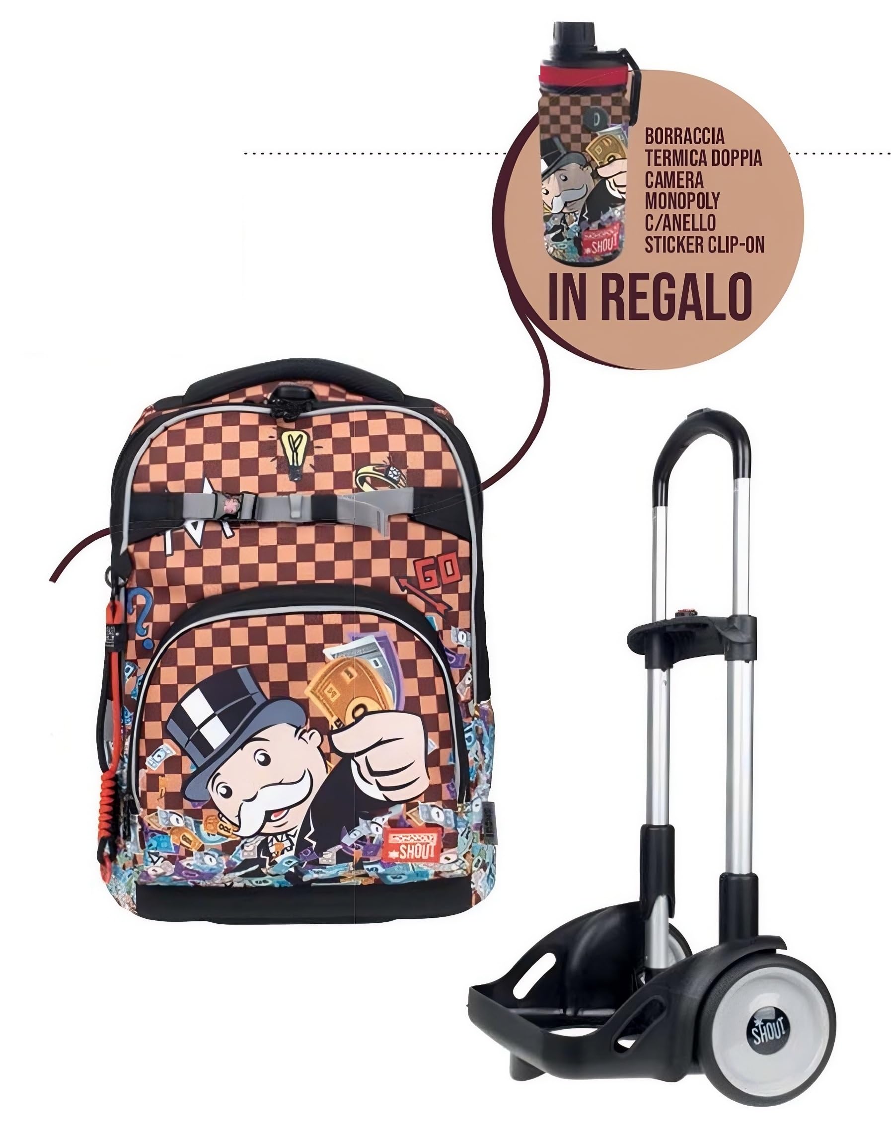 Rucksack Trolley abnehmbar kompatibel mit Shout Monopoly mit Trinkflasche und Clip-On gratis + Federmäppchen 3 Ebenen komplett mit Schreibwaren + Tagebuch 2026/2027 + Stiftset und Schlüsselanhänger