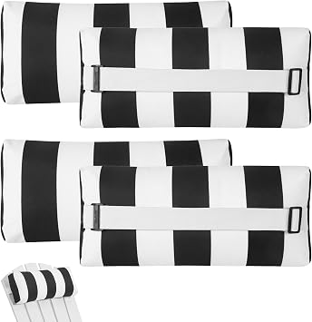 Outdoor Chair Pillows, 4 Pack Chaise Lounge Headrest Pillows Striped Pool Lounge Chair Pillow with Strap Recliner for Patio Garden Beach Balcony Black