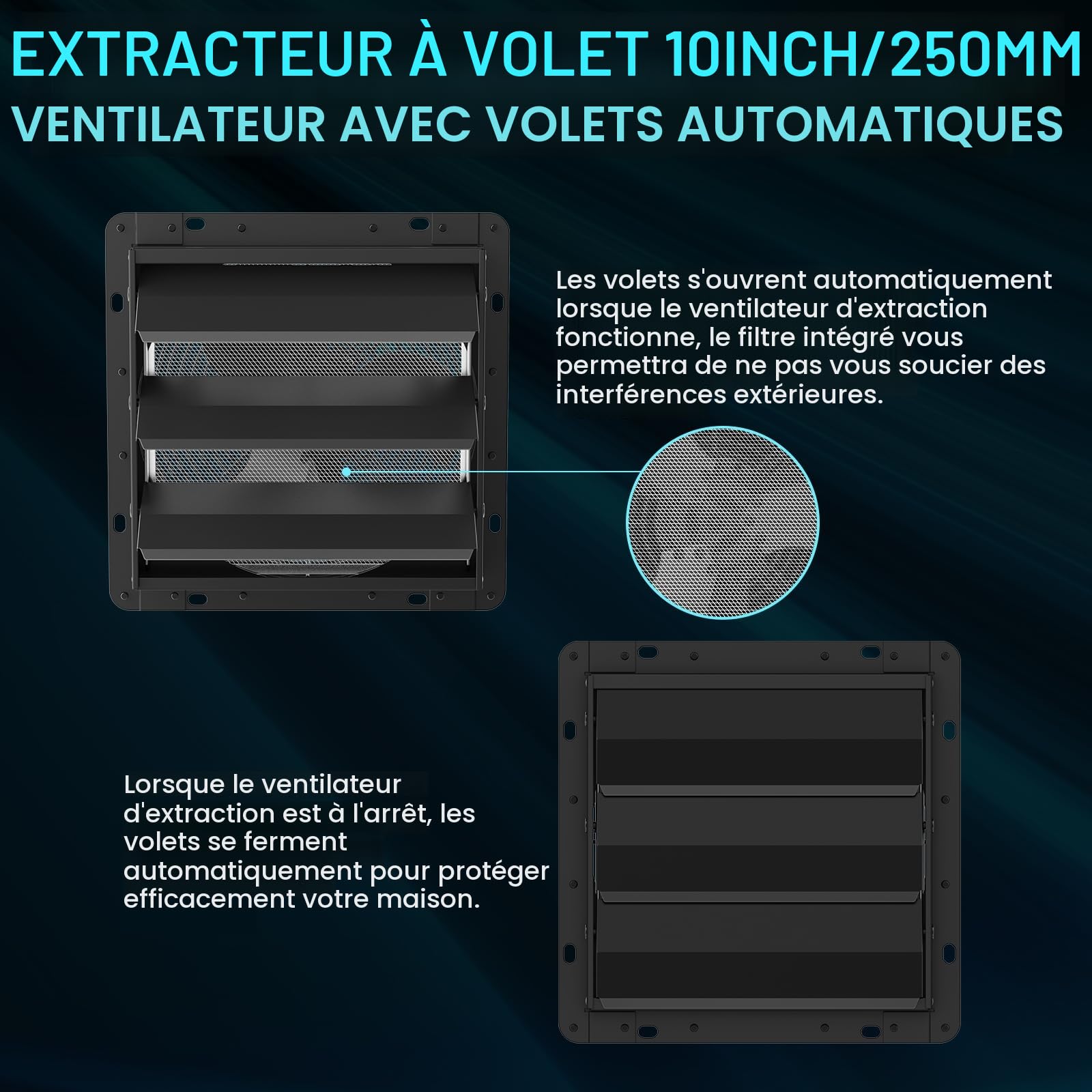 HG Power 250mm Ventilateur d'extraction à Volets Avec régulateur de vitesse 1100m³/h Extracteur d'Air Mural Industriel Avec Grille pour Ventilation des Greniers Ateliers et Garages