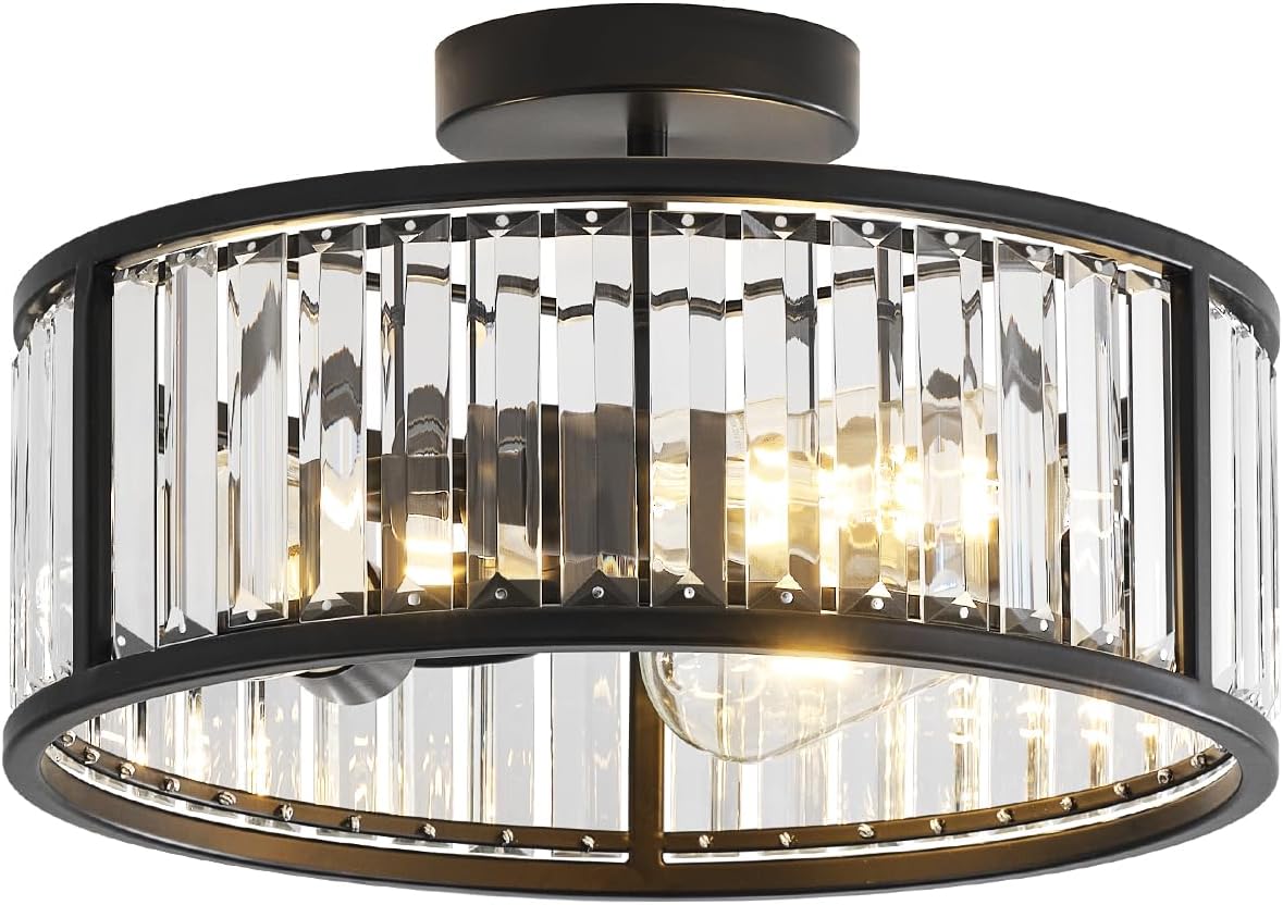 Black Flush Mount Ceiling Light, Caged Crystal Chandelier, Drum Hallway Light fixtures Ceiling Mount (14 INCH Black) 14 INCH Black(3 Light)
