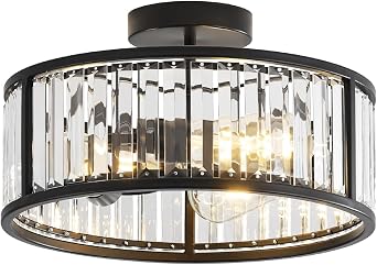 Black Flush Mount Ceiling Light, Caged Crystal Chandelier, Drum Hallway Light fixtures Ceiling Mount 14 INCH Black