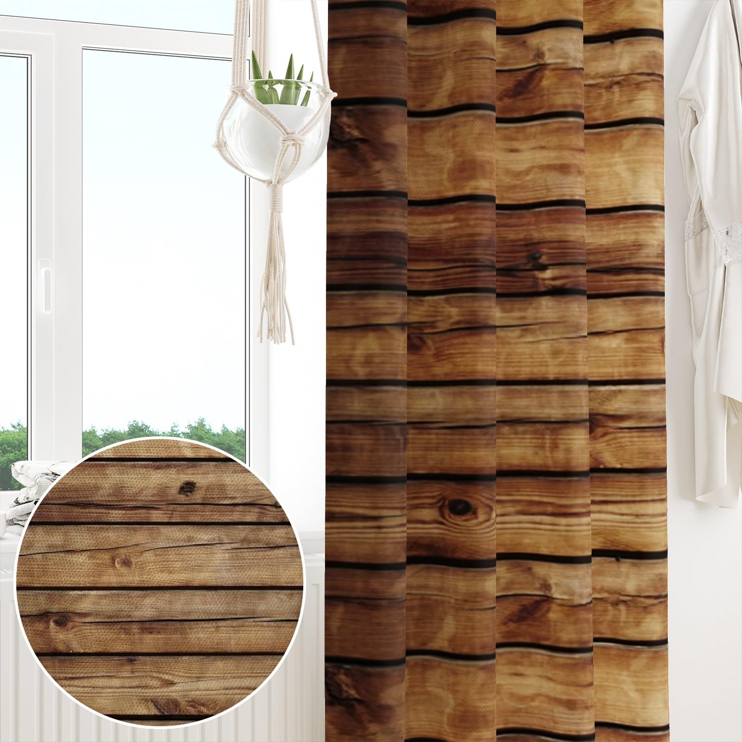 Cortina rústica de Madera para Ventana Tablones de Madera Cortinas Marrón Decoración de Estilo Rural Sala de Estar Temática campestre Vaquero Cortina divisoria Interior 117x138cm, 2 Paneles
