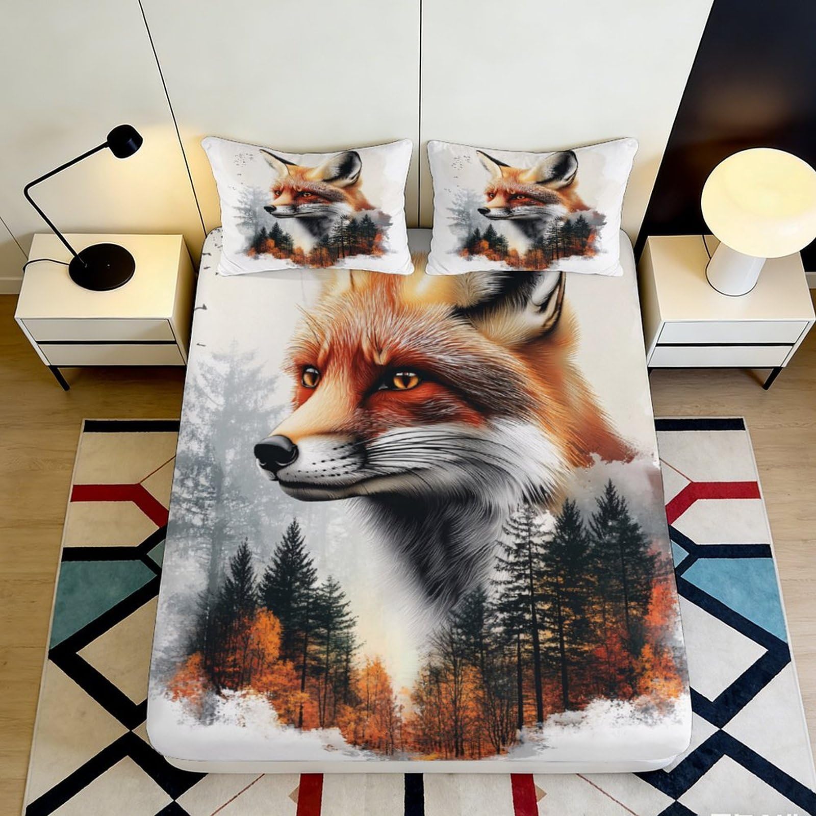 3D Printed Fox Forest Fitted Sheet Microfiber Non-Slip Deep Pocket Fox Mattress Fitted Cover Washable Full Wrap Bedding 140x200x25cm