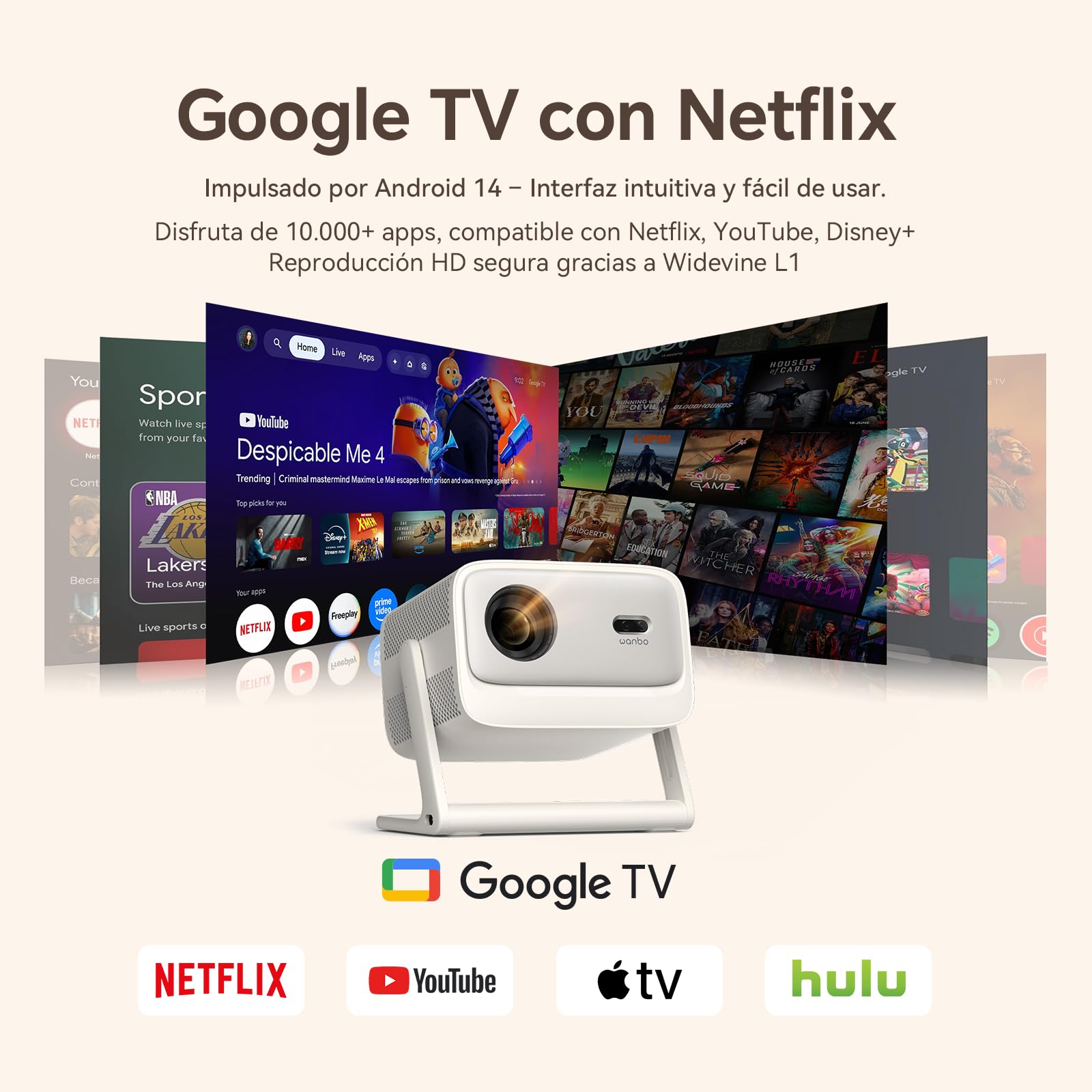 Wanbo Vali 1 Pro Proyector con Google TV, Dolby Audio 12W, HDMI 2.1 Compatible 4K, 900 ANSI, HDR10, MEMC, FHD 1080P Nativo, WiFi Bluetooth, Enfoque Automático, Rotación 200°, Cine en Casa