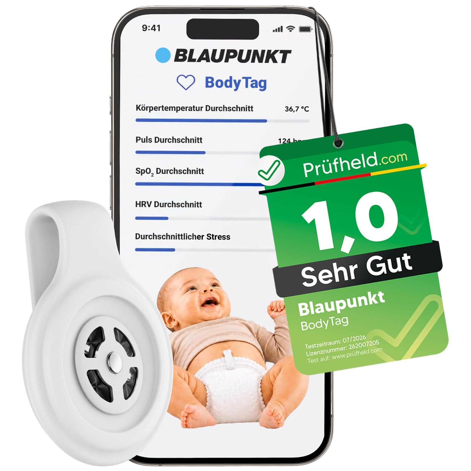 BLAUPUNKT BodyTag Baby Monitor mit Alarmfunktion für Puls & Fieberwarnung | Baby Vitalmonitor mit App | Puls und Temperaturüberwachung | Babyphone ohne Cloud und Kamera | kein WLAN