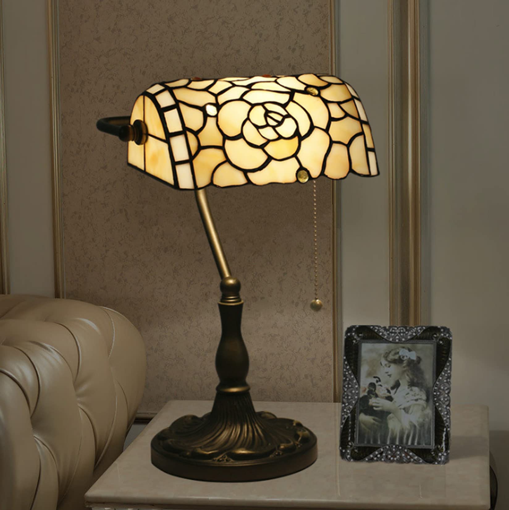 Lampada da banchiere in Stile Retro Art Stained Glass Lampada da scrivania Antica da Comodino con Paralume in Vetro colorato Rosa Lampada da Pianoforte Lampada da Tavolo per Camera da Letto per la