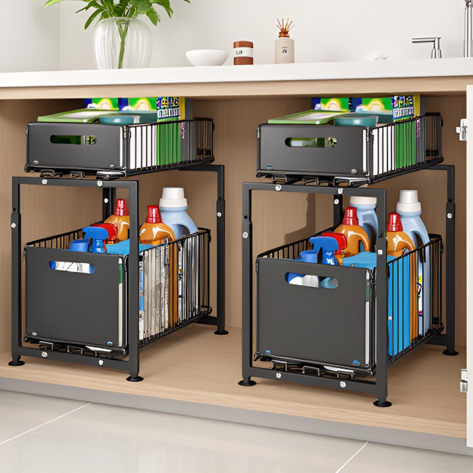 Unterschrank Organizer Küchenschrank mit 2 Etagen Küchenregal Arbeitsplatte Metall Unterspüle für Badezimmer, Anhebbares Mehrfunktional Gewürzregal Standregal