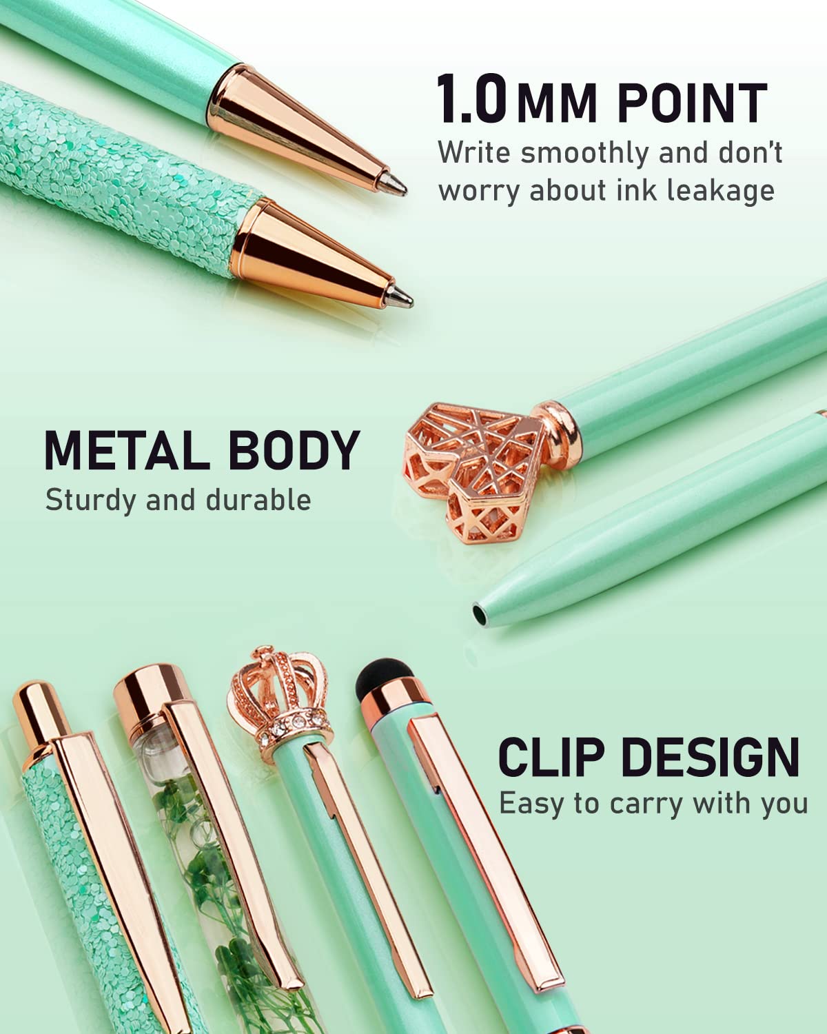 WEMATE 8Pcs Metal Crystal Diamond Ballpoint Pens Set - Glitter Green With Black & Blue Ink - Bling Fancy Gifts for Women, Wedding, School, Office Desk