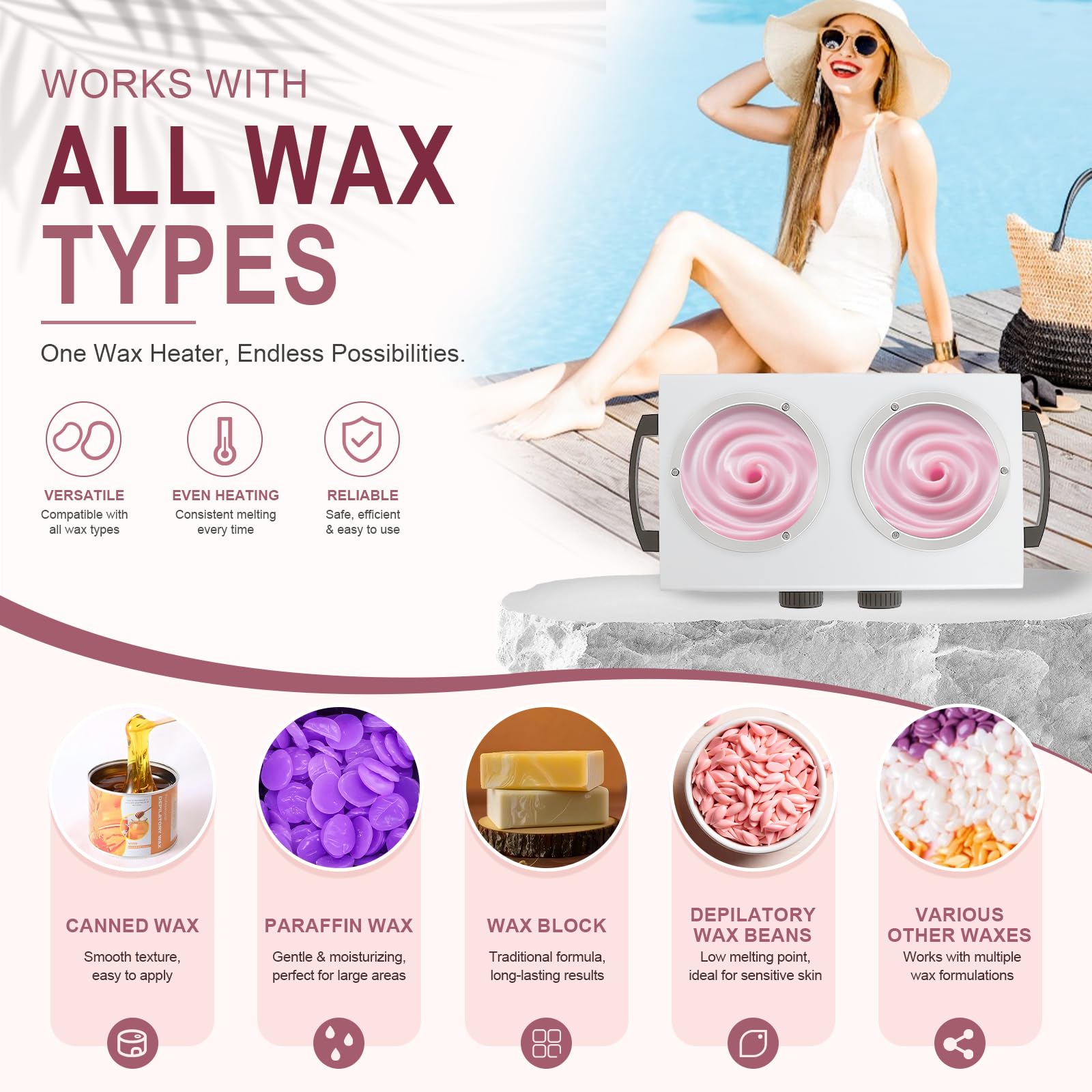 cire électrique professionnel pour le visage, le corps, le spa et le salon, double pot de 1,2 L, température réglable avec 100 bâtons en bois, machine à épilation