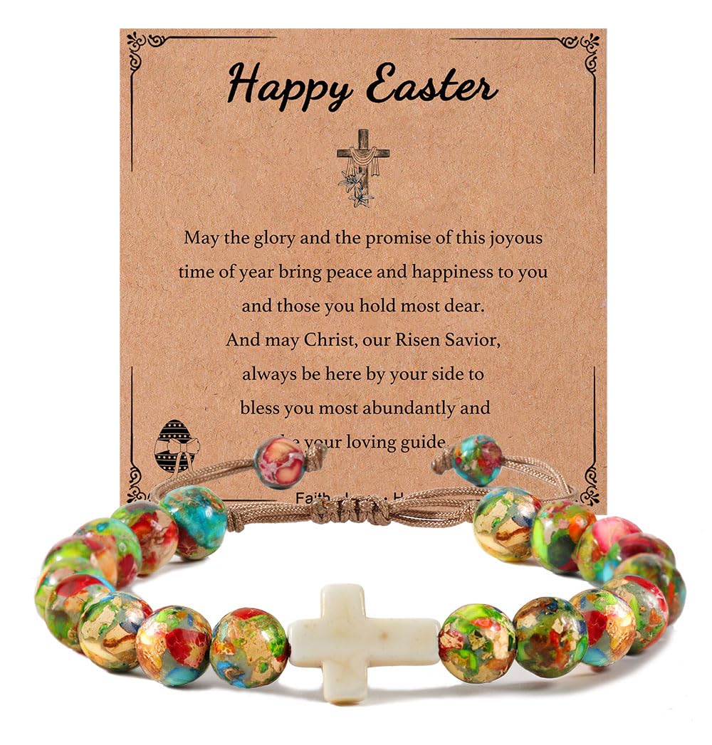 enasal Easter Basket Stuffers for Teens Girls, Nature Stone Easter Gifts Cross Bracelet, Christian Gifts Inspirational Jewelry
